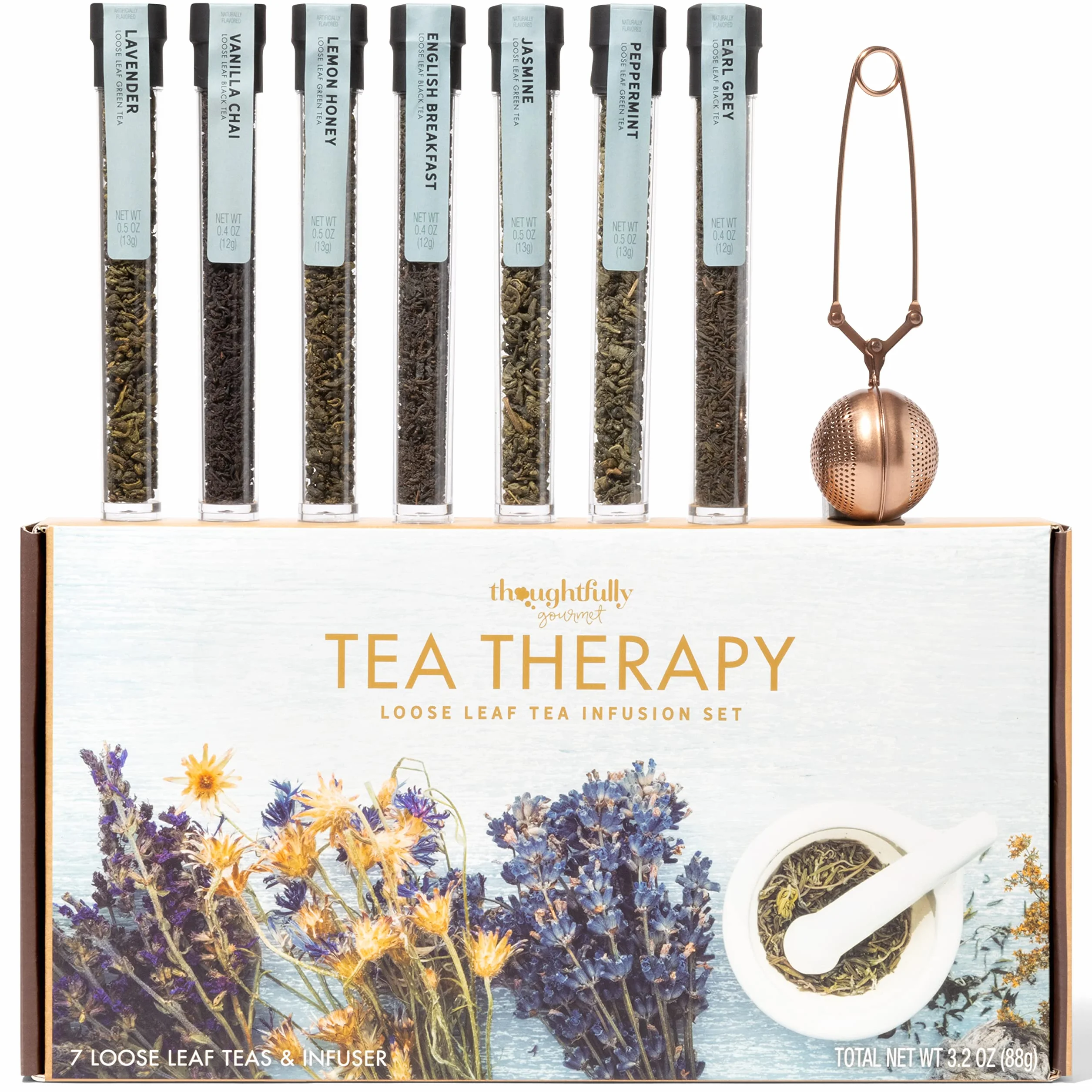 Thoughtfully Gifts, Confezione Regalo Terapia del Tè, il Set Regalo Contiene 7 Gusti Diversi di Tè Sfuso e un Infusore a Sfera