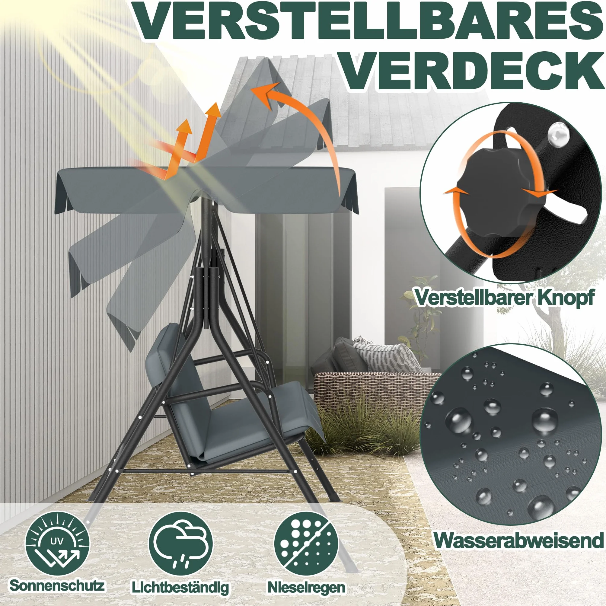 UISEBRT Dondolo Hollywood a 3 posti, con tettuccio parasole regolabile, portata fino a 200 kg, resistente alle intemperie, per esterni e interni, 176 x 110 x 152 cm, antracite