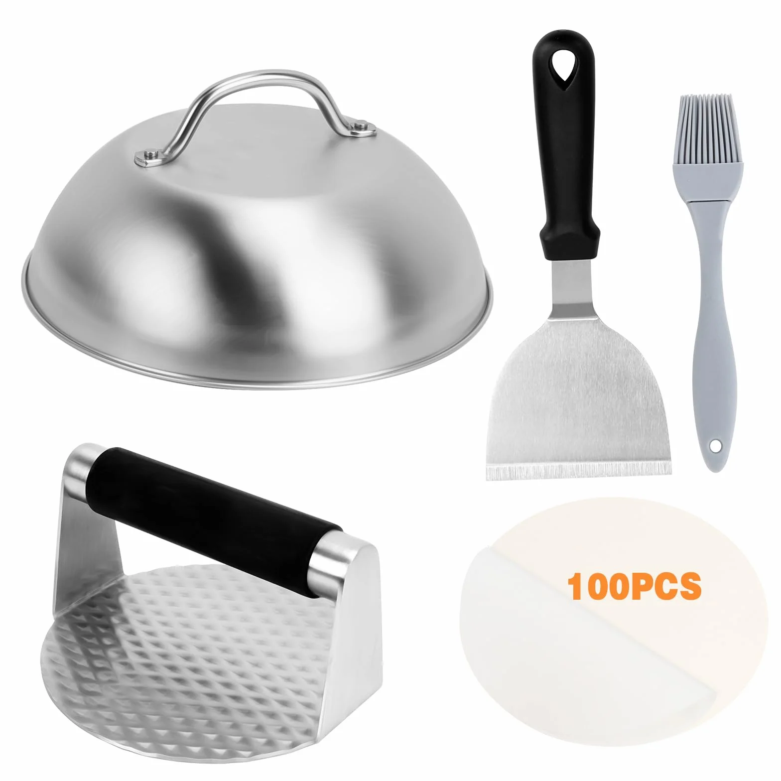 Dadabig Hamburger PRO Kit con Pressa Rotonda in Acciaio Inox, Spatola per Grill, Copertura per Hamburger, 100 Carta Antiaderente, Pennello da Forno, Adatto a Campeggio e Grigliate all'aperto