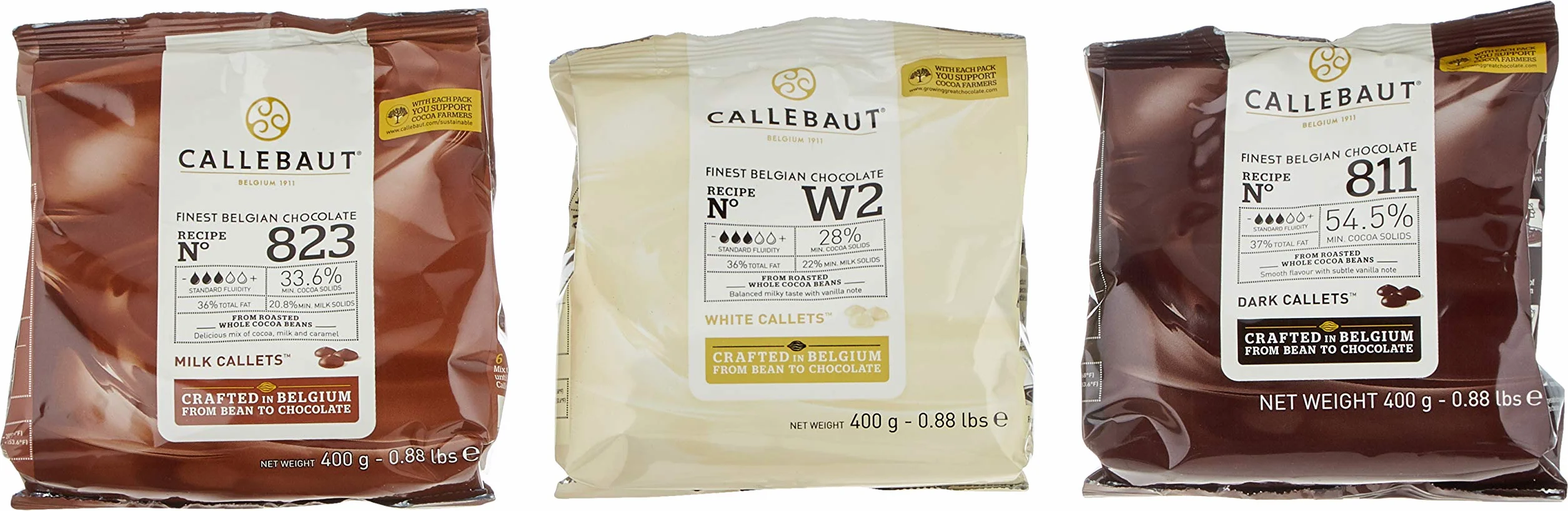 Callebaut 3 x 400g Bundle - Copertura di Cioccolato al Latte, Fondente & Bianco Belga - Finest Belgian Chocolate (Callets) Confezione da 3 x 400g