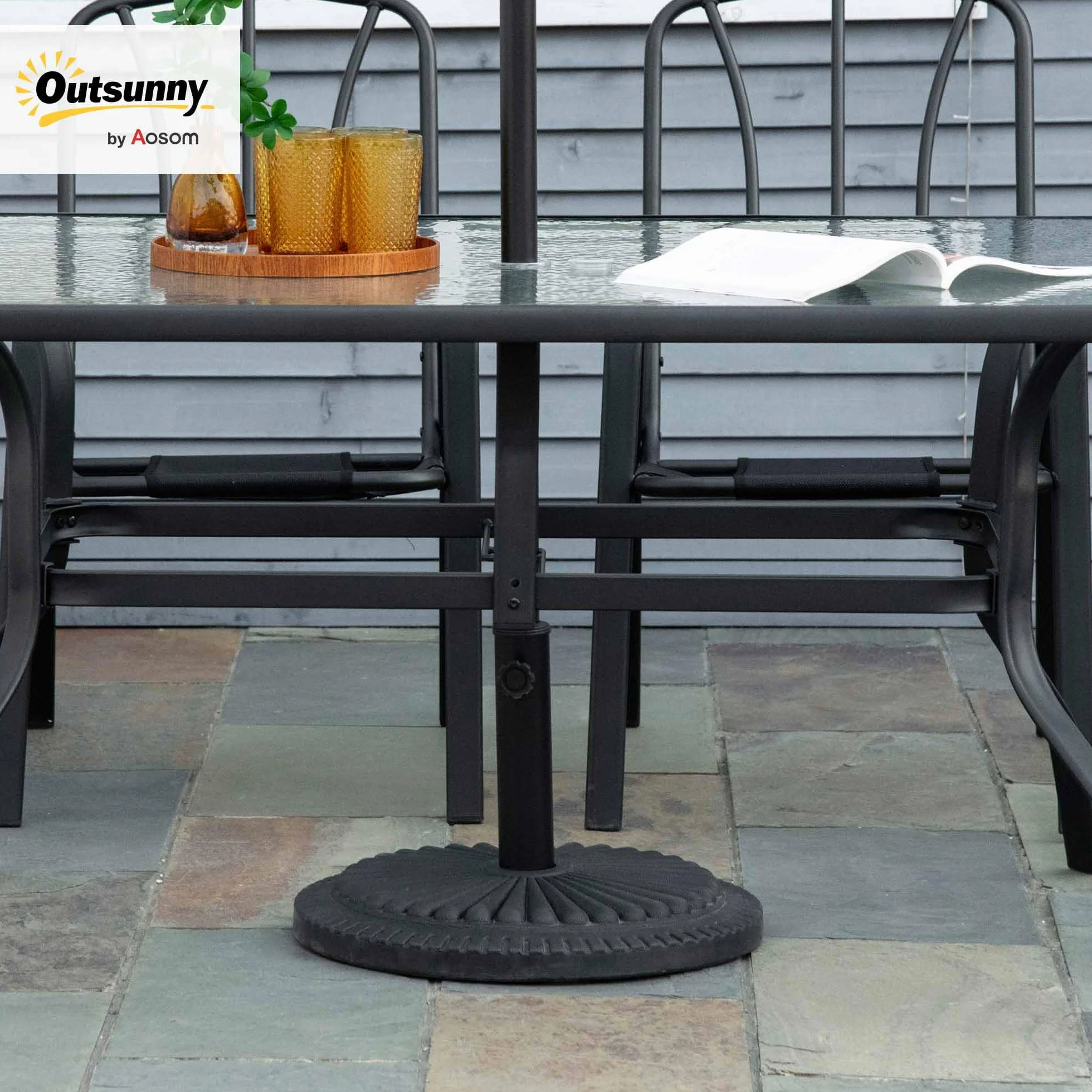 Outsunny Base per Ombrellone Rotonda in HDPE e Cemento con Decorazione, Basamento per Ombrellone da 14kg con Supporto per Pali da Ø35/38/48mm, per Giardino Balcone, Nero