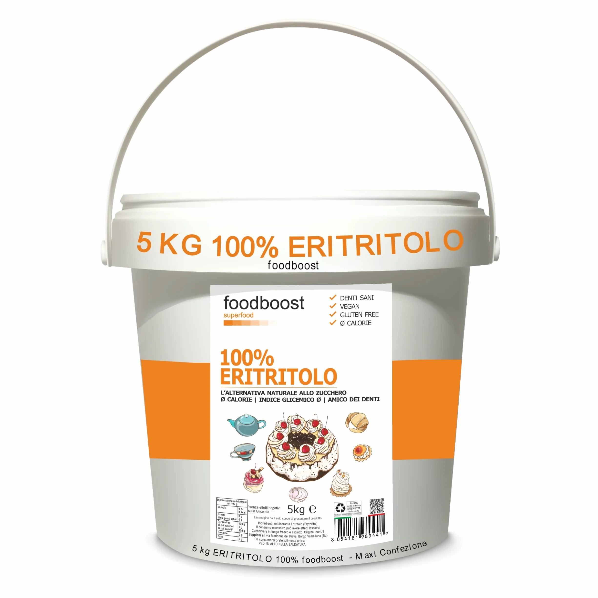 Eritritolo 5Kg foodboost -sostituto dello zucchero- 0kcal - 100% Puro- stesso potere dolcificante dello zucchero da cucina, adatto per diabetici e diete ipocaloriche o bilanciate- Maxi Confezione