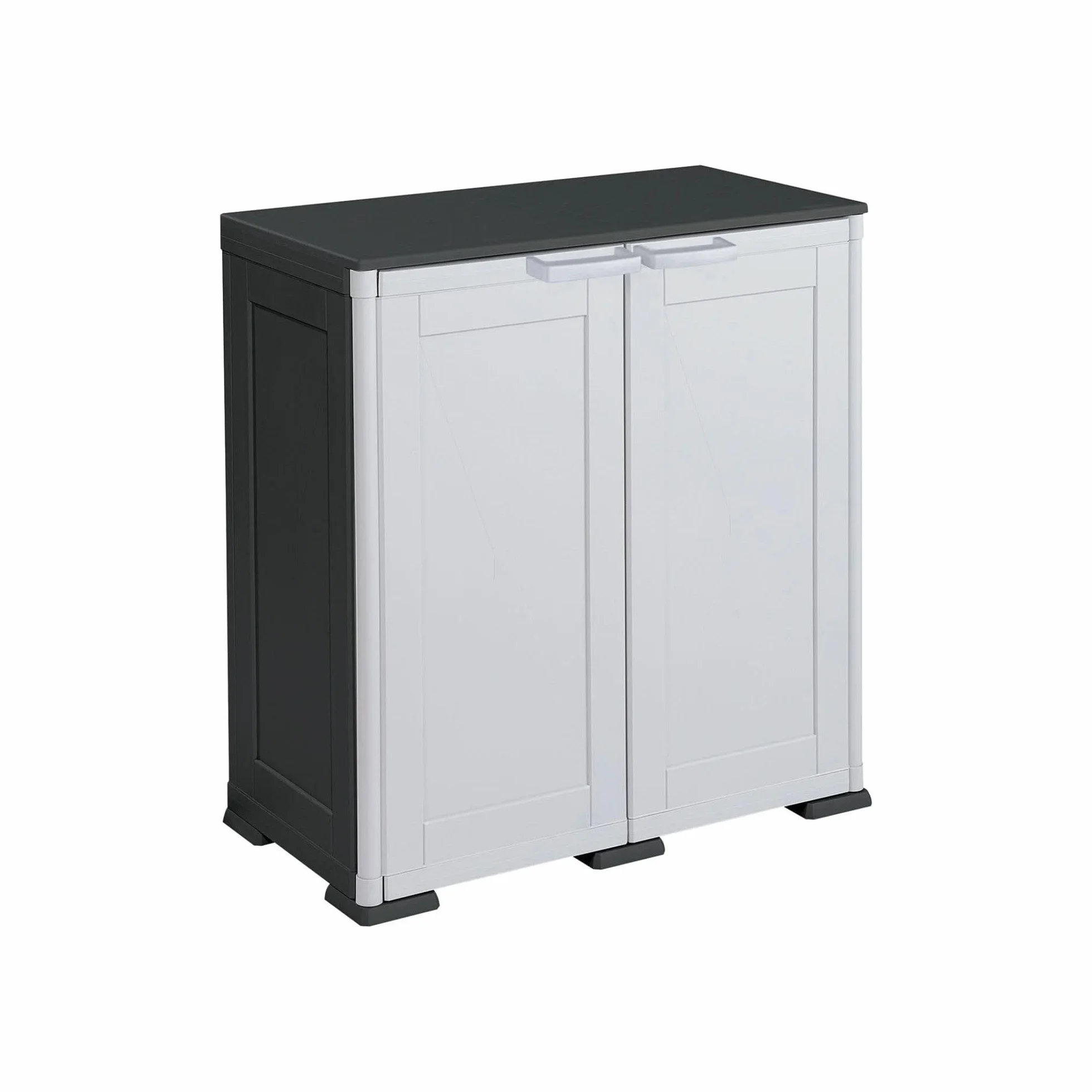 Armadio Basso in Plastica da Esterno 79x43x85,5 cm, con 2 Ripiani – Mobile Contenitore Compatto Salvaspazio per Balcone, Terrazza e Organizzazione Casa (Grigio/Nero)