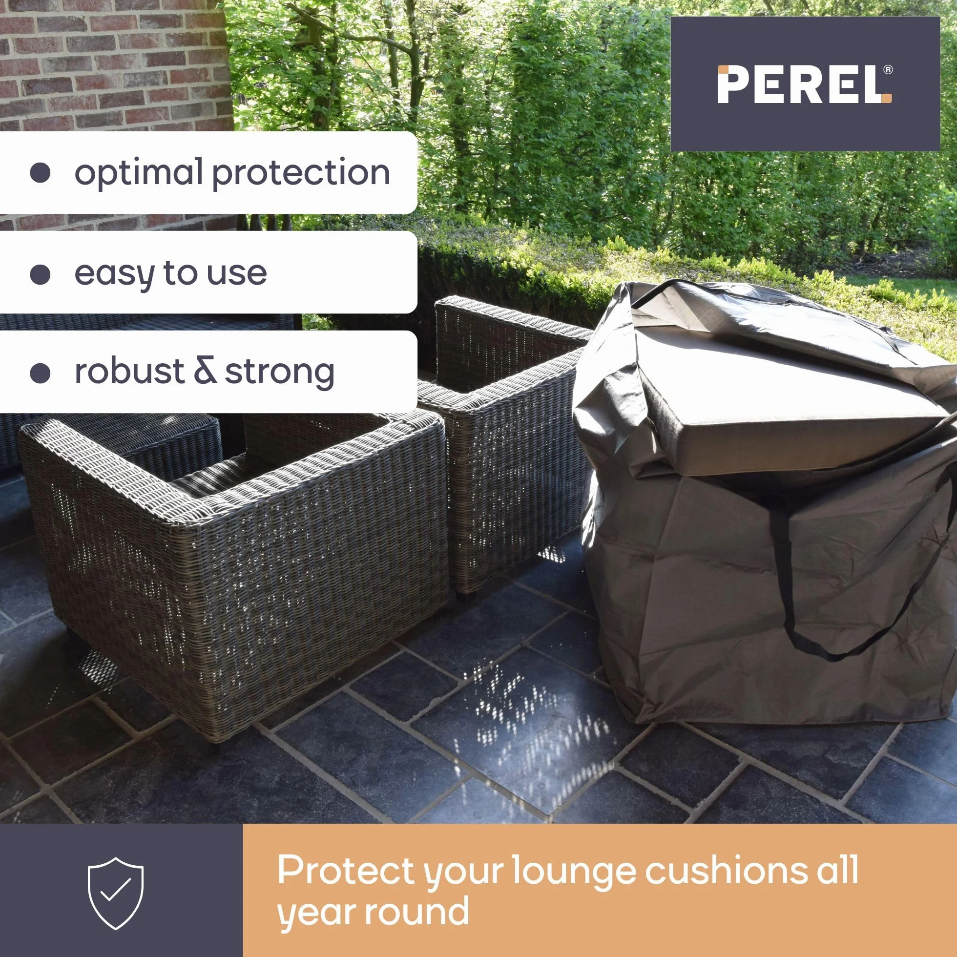 Perel Copertura per cuscini da esterno 75 x 75 x 90 cm, borsa porta cuscini impermeabile, sacca anti UV con maniglie per cuscini da giardino e lounge