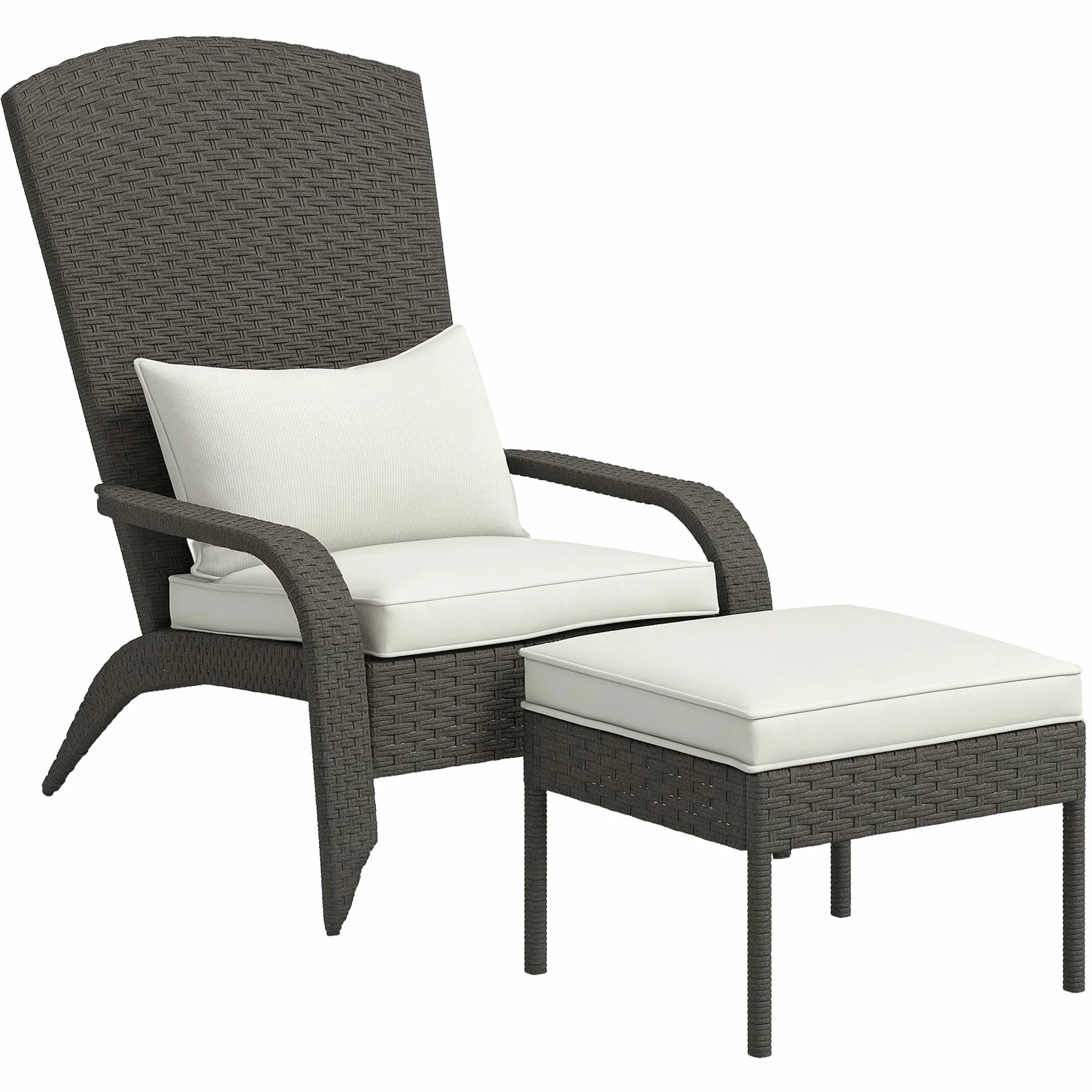 Outsunny Sedia da Giardino con Poggiapiedi, Braccioli e Cuscini Imbottiti, Sedia Adironrack in Rattan e Acciaio, 64x82x89 cm, Grigio e Bianco Crema