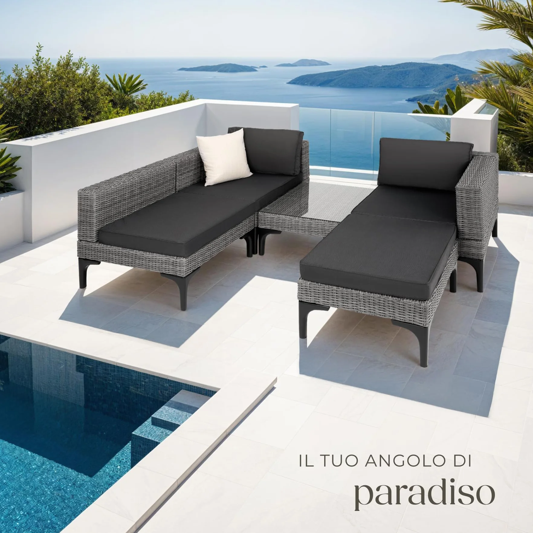 tectake® Salottino in Rattan Konstanza, Telaio in Alluminio, Resistente ai Raggi UV, Comode Poltrone, Imbottitura Spessa, Rivestimenti Idrorepellenti, Tavolino Salotto con Lastra in Vetro - Grigio