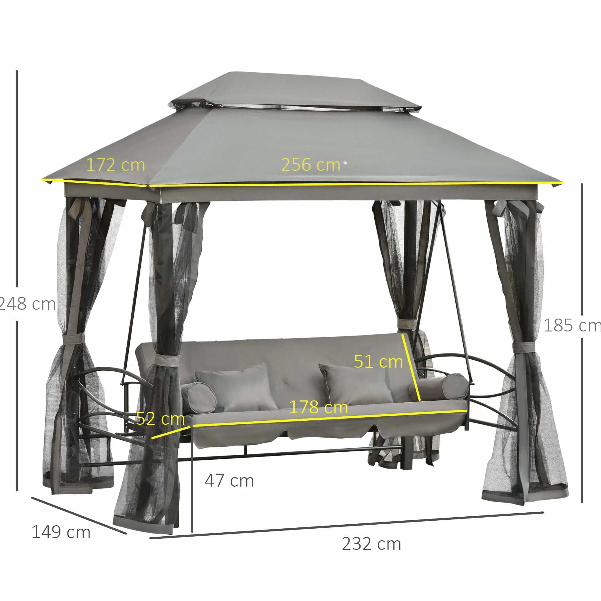 Outsunny Dondolo 3 Posti e Lettino Singolo Copertura a Gazebo con Zanzariera e Cuscini 256x172x248cm Grigio Scuro