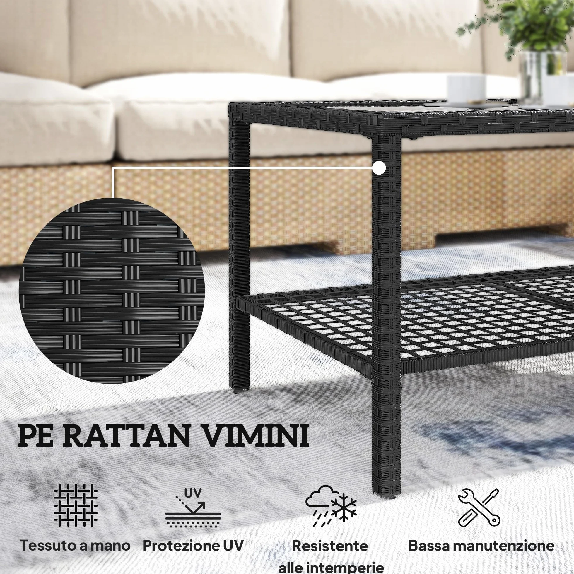 Outsunny Tavolino da Caffè in Rattan a 2 livelli con Ripiano, Piano in Vetro Temperato, Tavolino da Esterno con Struttura in Acciaio, 92x50x45 cm, Nero