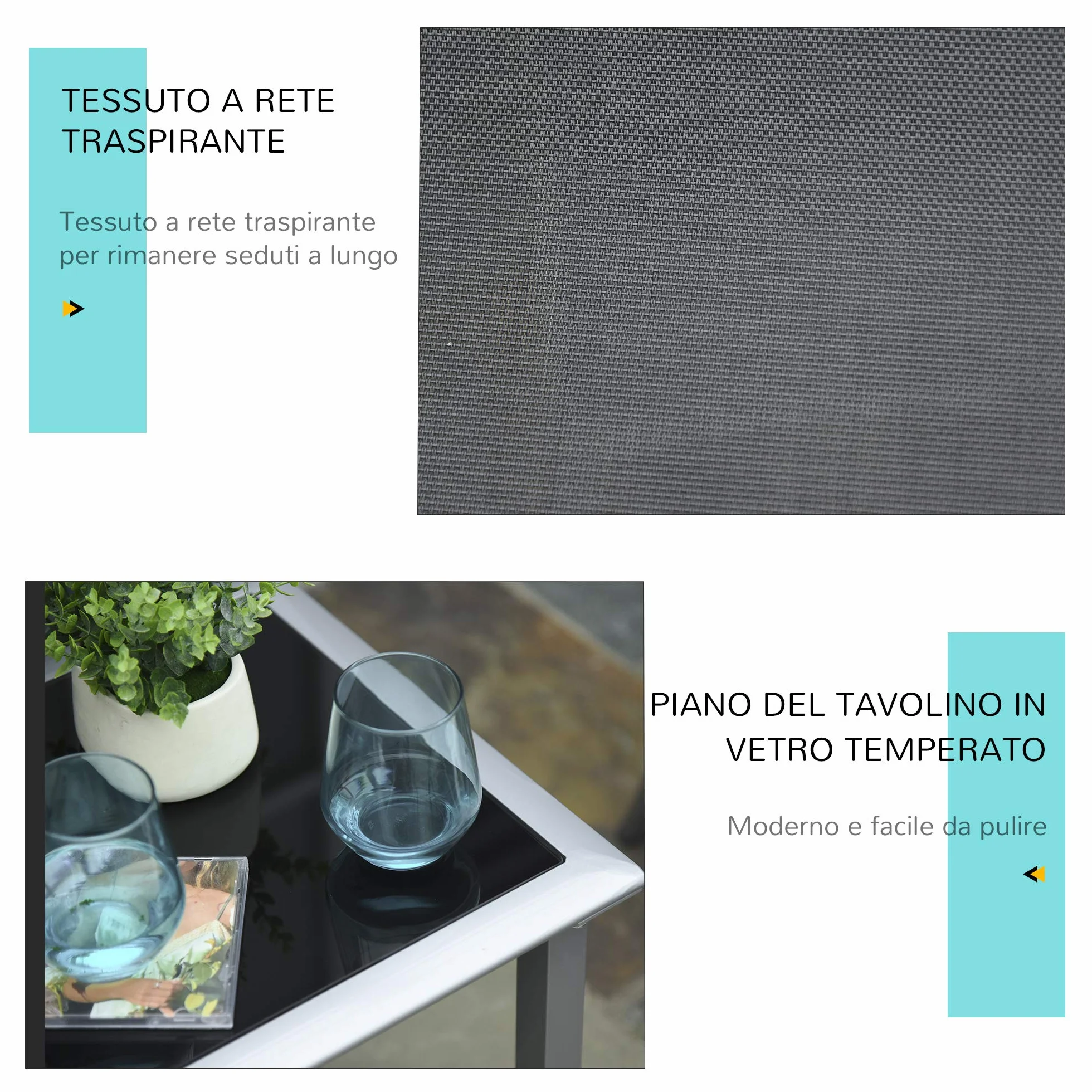 Outsunny Set 2 Sdraio da Giardino e Tavolino in Vetro, Lettino Prendisole con Tessuto Traspirante, 59x169x66cm, Nero Grigio