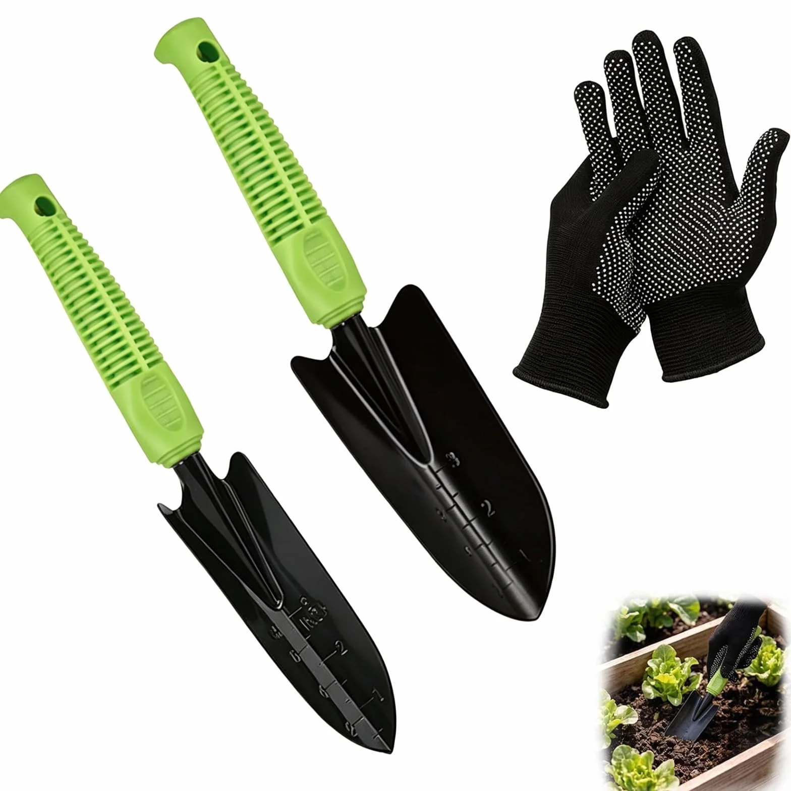2 pala da giardino, pala da giardino con guanti neri, pala da giardino in metallo, piccola, portatile, per trapiantare piantine, diserbo e allentare (nero 1)