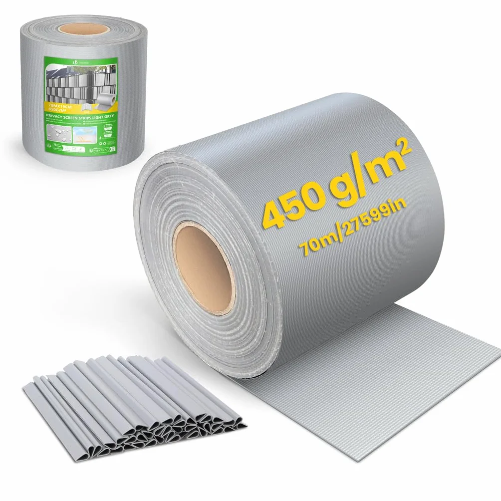 VOUNOT® Telo Frangivista in PVC per Recinzione Giardino, 19cm x 70m, 450 g/m², Strisce per Protezione della Privacy, Rotolo Frangivista con Clips di Fissaggio, Grigio Chiaro