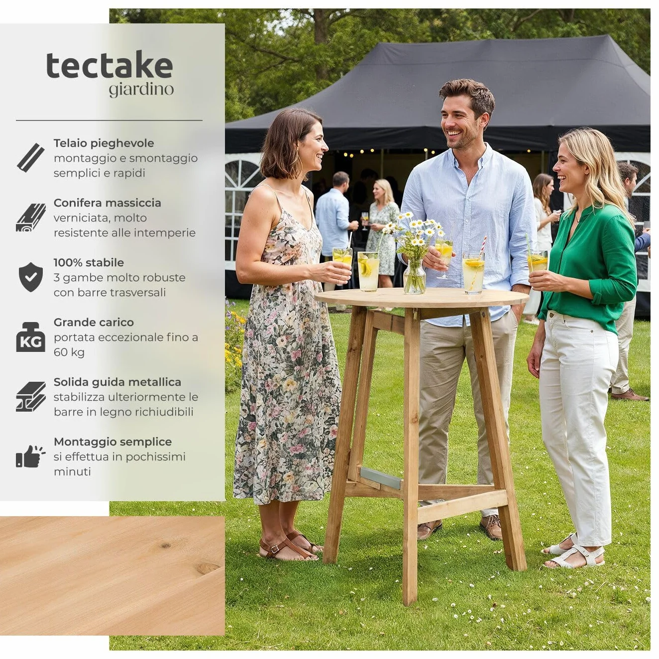 tectake® Tavolo da Bistrot in Legno Massello Rotondo da Giardino, Struttura Robusta, Tavolo Pieghevole, Altezza Ottimale, da esterno, balcone, tavolino da giardino - altezza ca. 110 cm, Ø 79 cm
