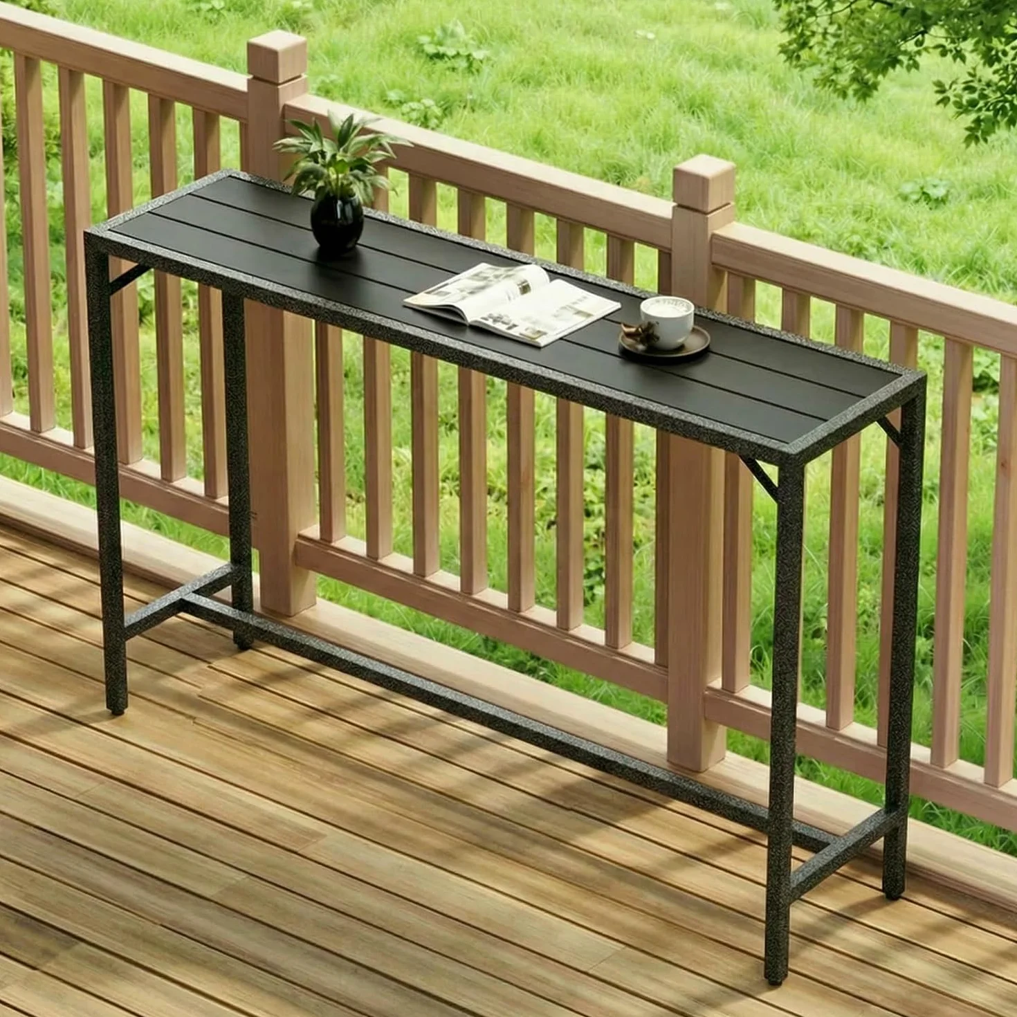 LIFERUN Outdoor Bar Table, 120 x 38 x 98 cm, Tavolo da Giardino Cortile con Piano Impermeabile, Tavolo da Bar Alto con Piedini Regolabili, adatto per Terrazza, Bordo Piscina, Soggiorno, Nero