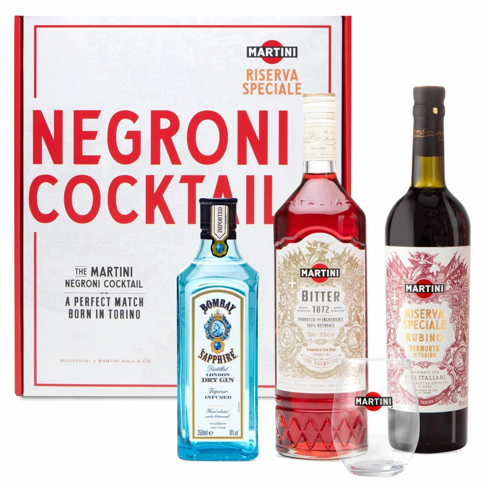 Martini Negroni Cocktail Kit Gift Set, Include Martini Riserva Speciale Rubino Vermouth 75cl, Martini Riserva Speciale Bitter 70cl, Gin Bombay Sapphire 35cl, Bicchiere Tumbler Martini
