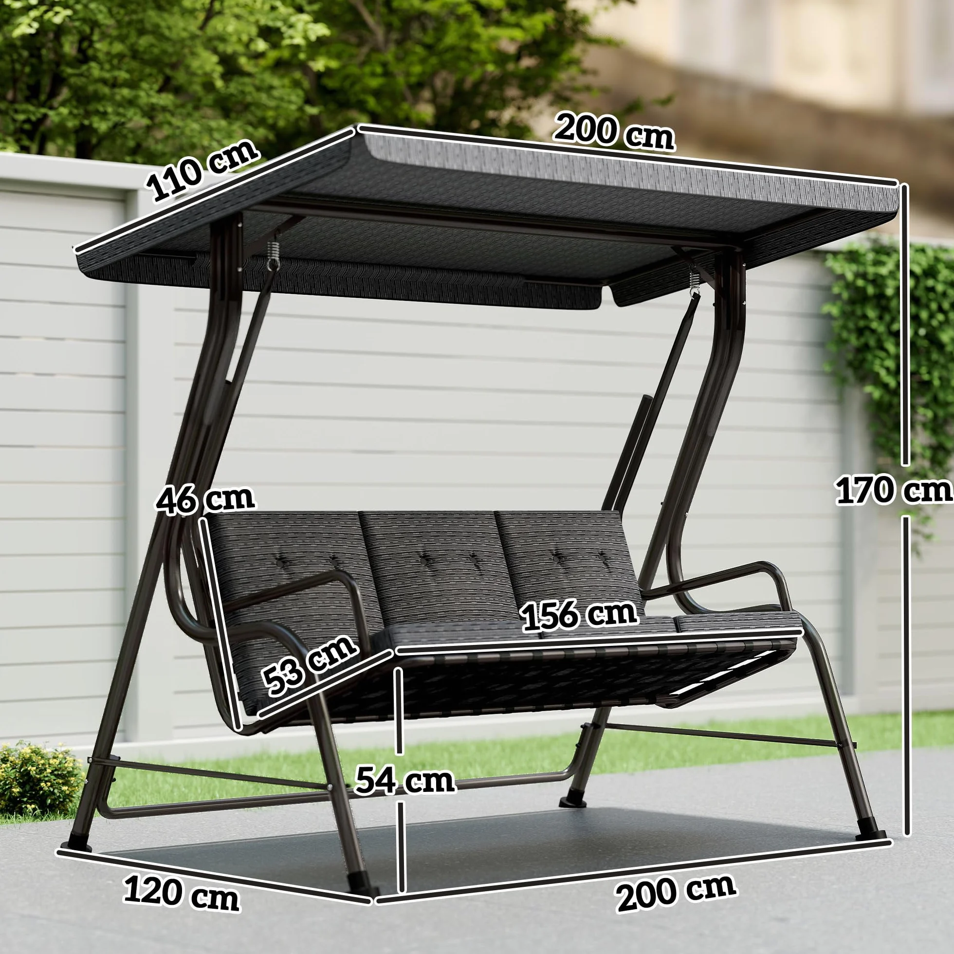 Outsunny Dondolo da Giardino per 3 Persone con Tettuccio Regolabile e Cuscini Imbottiti, 200x120x170cm, Nero