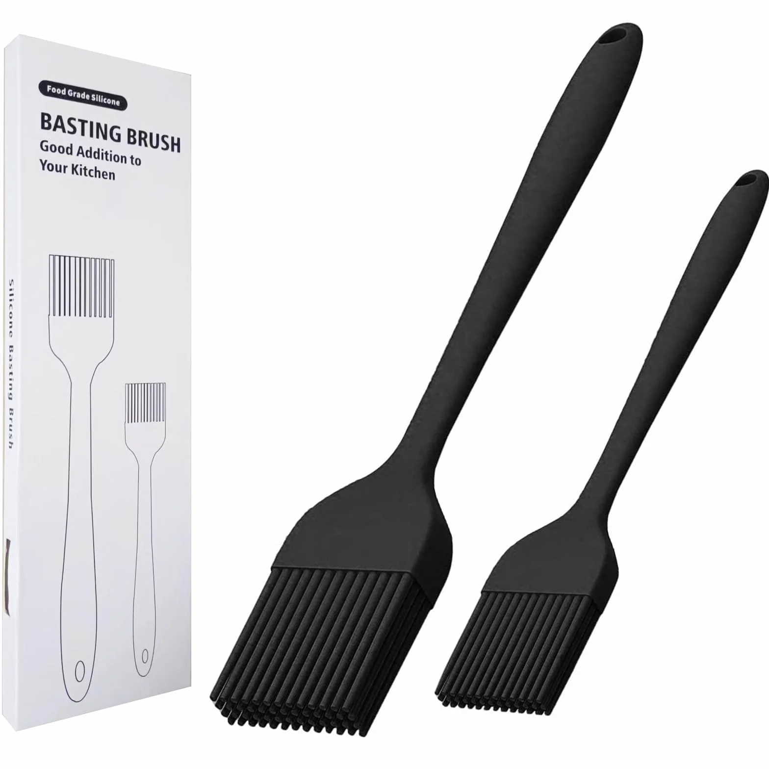 Pennello in silicone per cucinare 2 pennelli da pasticceria per grigliare, olio, barbecue, carne, salse, cottura al forno, (nero)