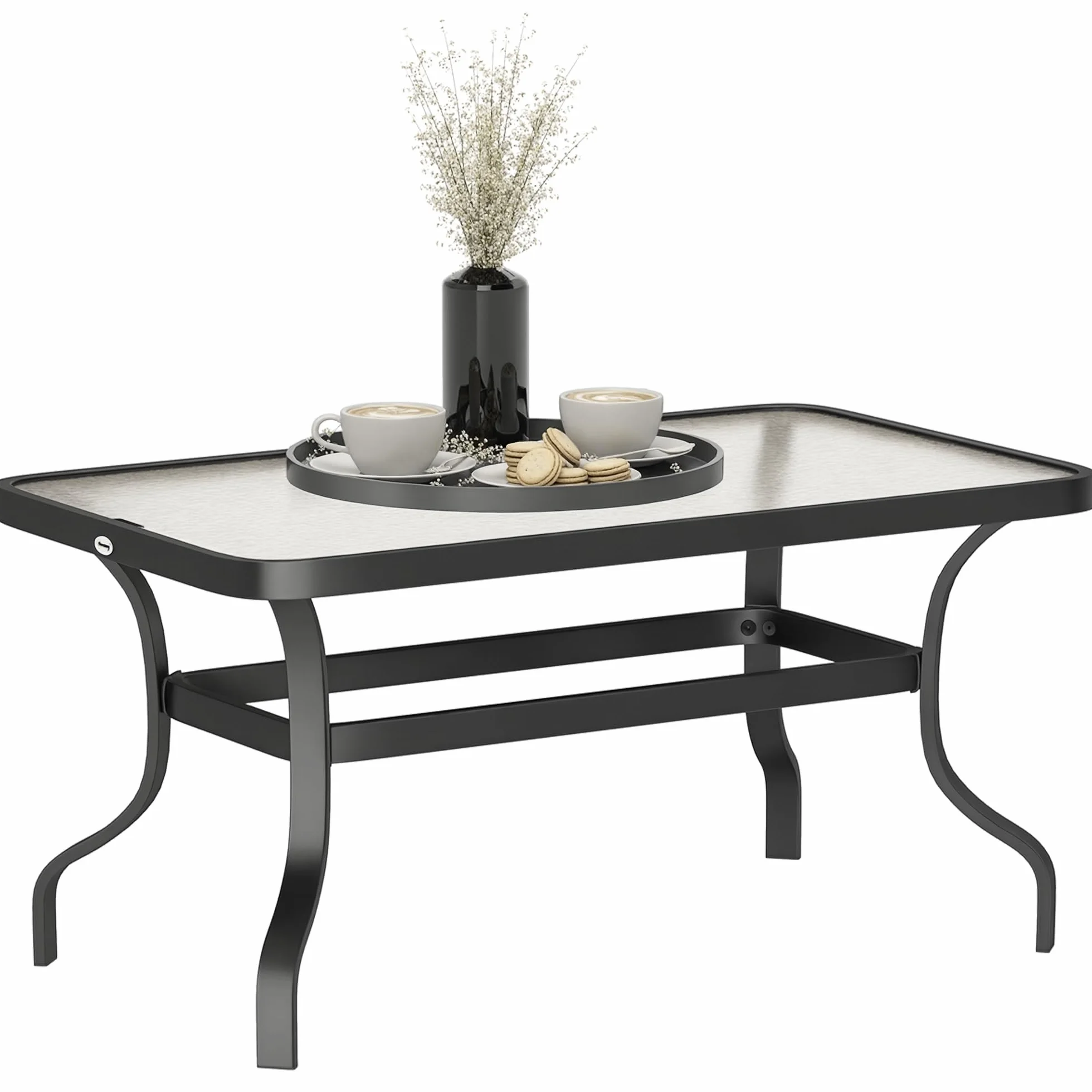 Outsunny Tavolino da Caffè per Esterno Rettangolare con Piano in Vetro Temperato, Tavolino da Giardino in Metallo, 95x55x46 cm, Nero