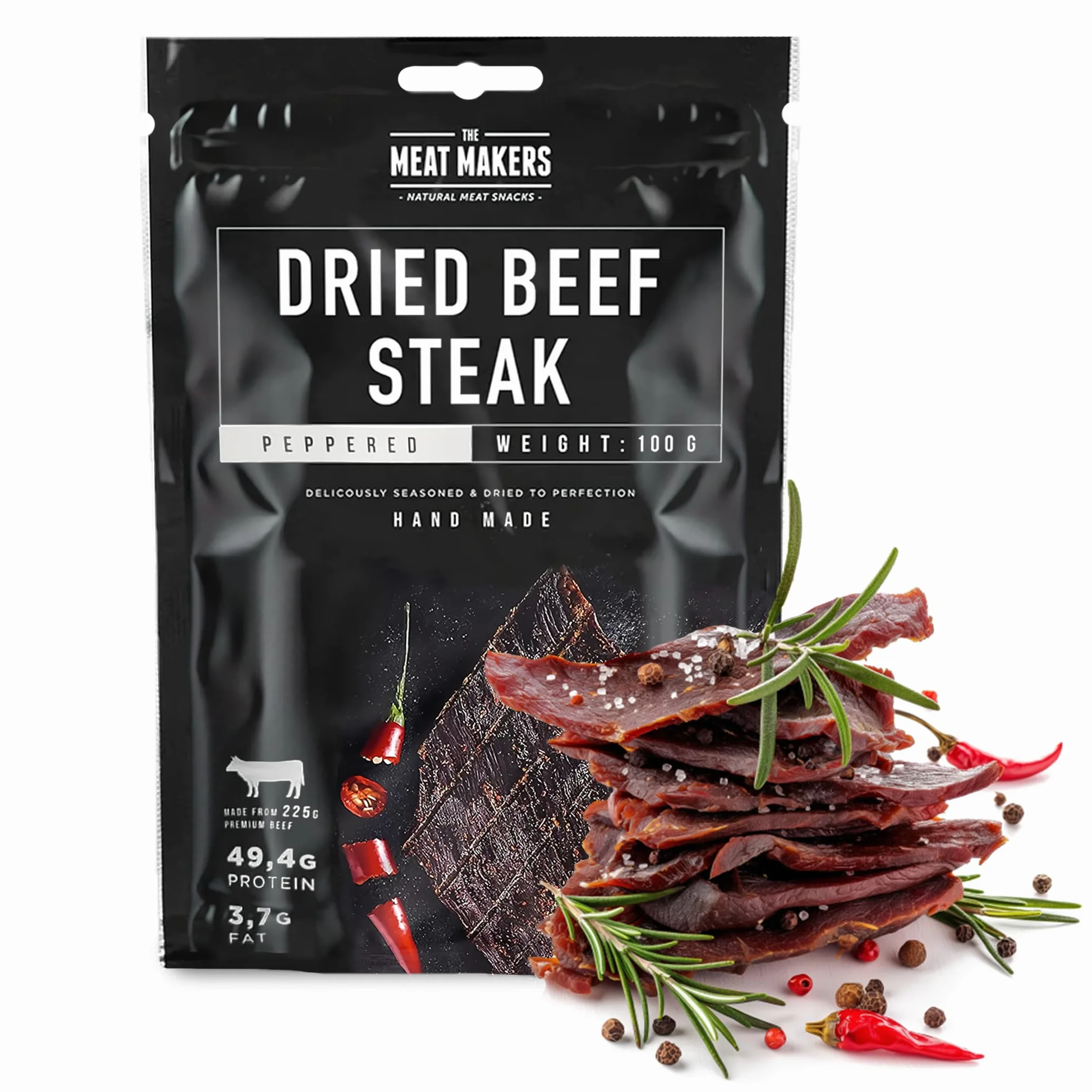 The Meat Makers Peppered Dried Beef Jerky Steak (100 g) – Carne Secca di Manzo, Carne Essiccata per Umani. Snack di carne secca ad alto contenuto proteico.