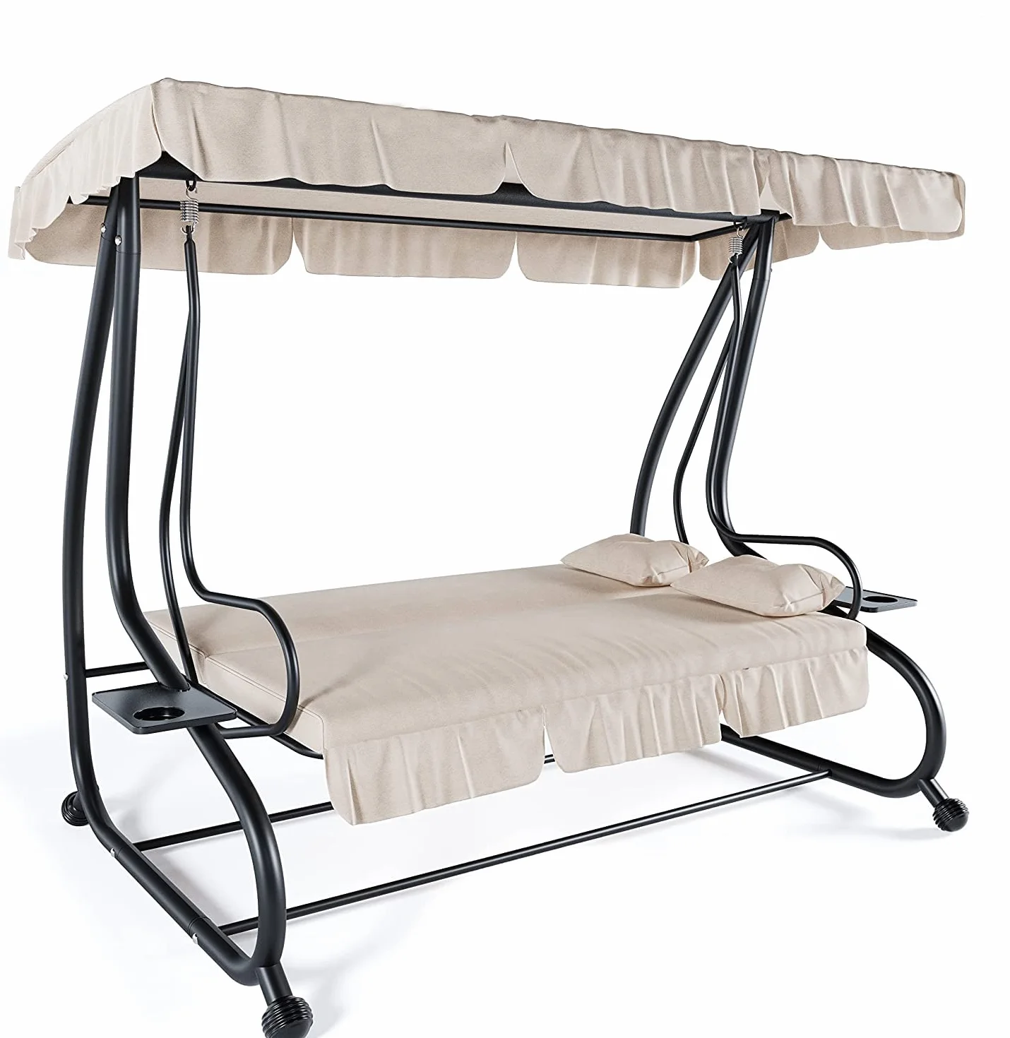 BRICOZONE Dondolo Reclinabile 3 Posti Con Cuscini Imbottiti Parasole Tettuccio Regolabile Diventa Letto Struttura Acciaio Robusto Giardino Esterno Balcone Terrazzo Piscina 200 x 120 x 160 cm Beige