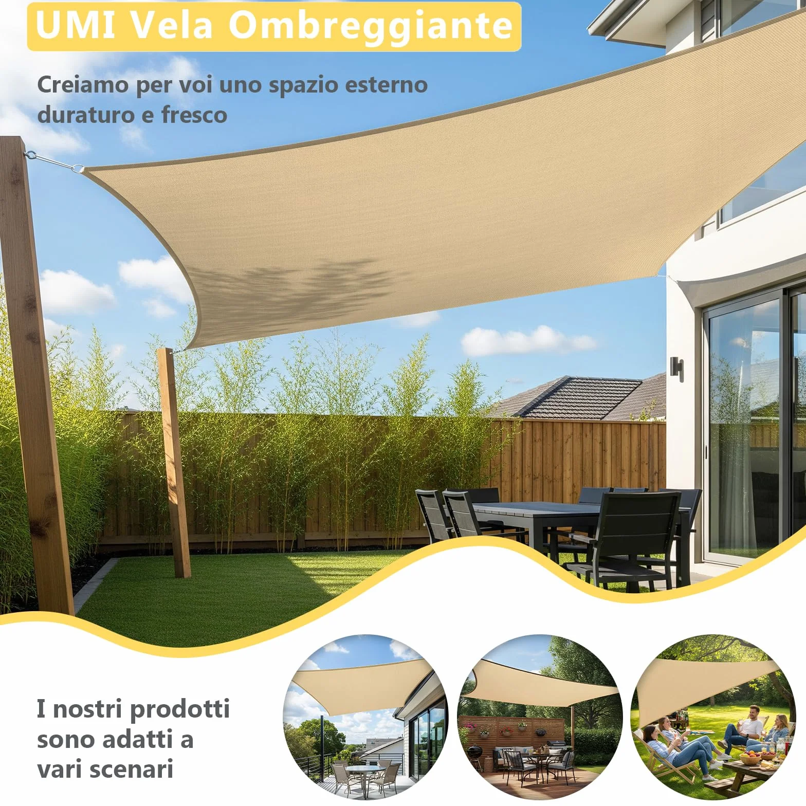 UMI Vela Ombreggiante Impermeabile 2x4m Rettangolare Tenda a Vela Protezione Raggi UV 98% Tenda Parasole per Esterno Giardino Terrazzo - Sabbia
