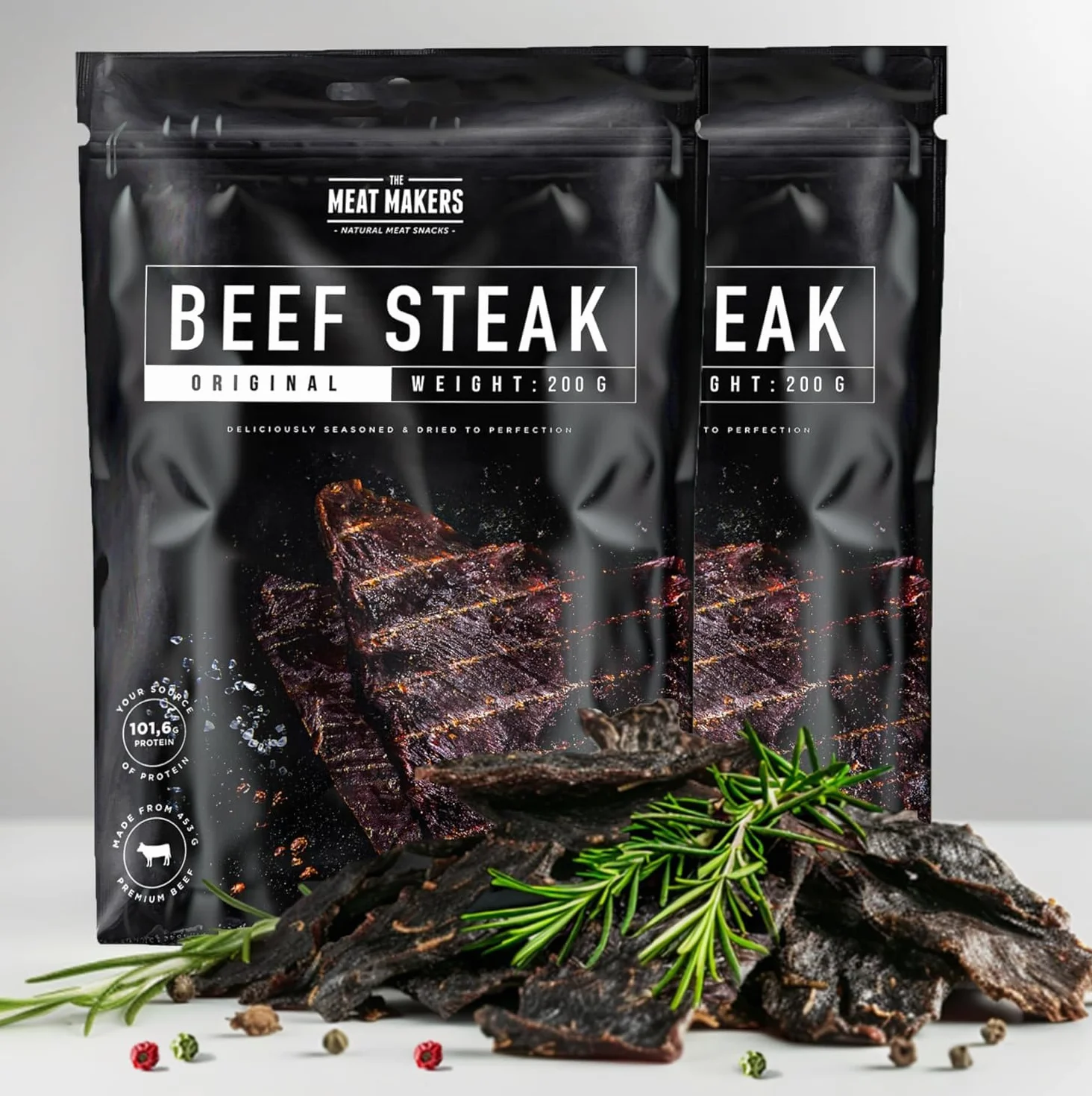 The Meat Makers Original Dried Beef Jerky Steak (400 g) – Carne Secca di Manzo, Carne Essiccata per Umani. Snack di carne secca ad alto contenuto proteico.