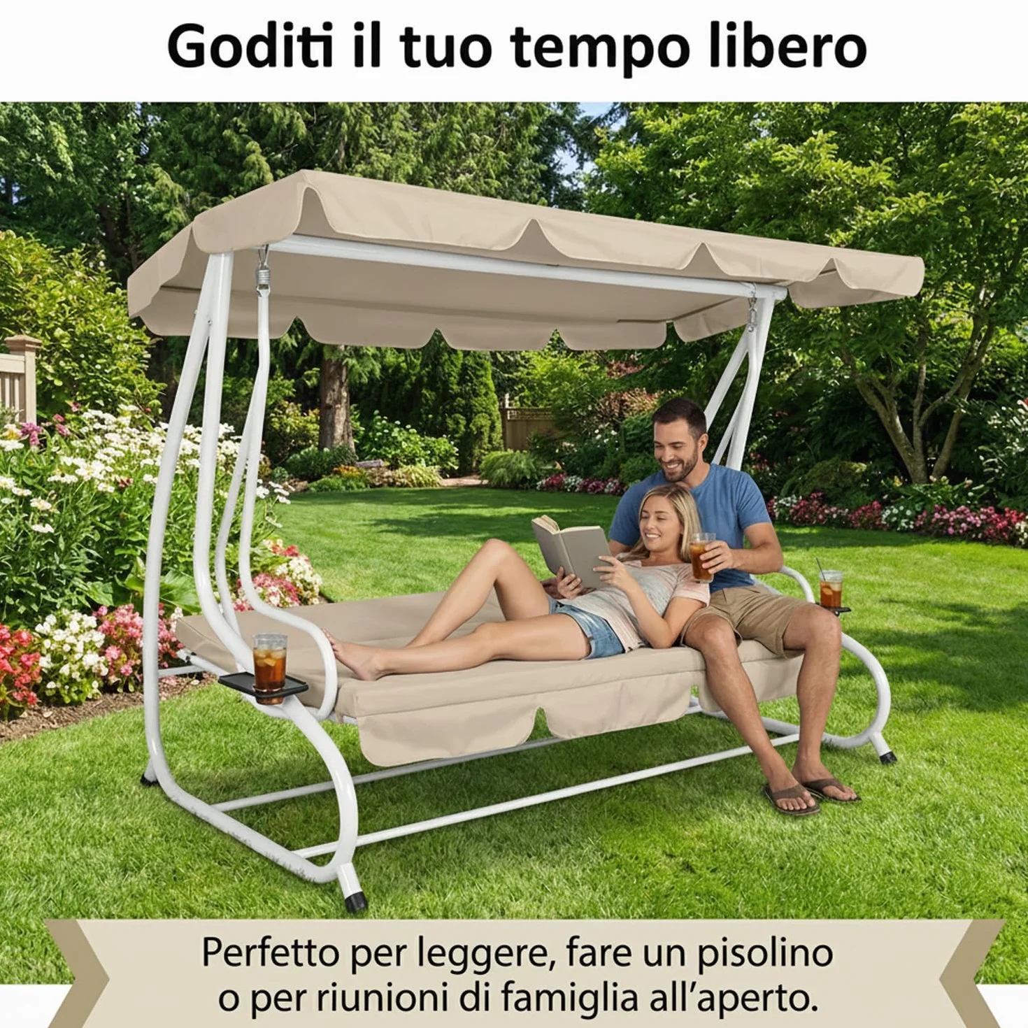 Marvin Dondolo Letto da Giardino 4 Posti Harmony con Tetto Parasole Struttura in Acciaio e Cuscino Imbottito 10 cm Altalena da Esterno Terrazzo (Bianco/Ecrù)
