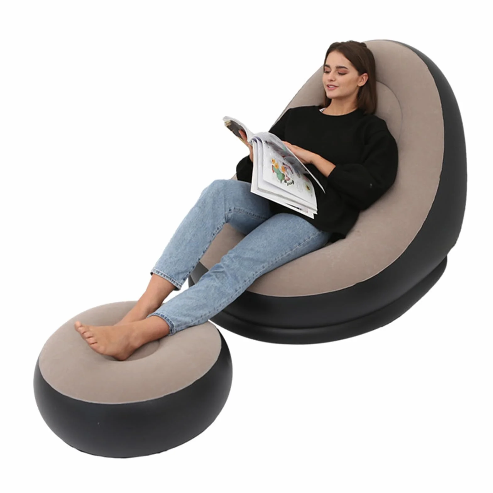 Sedia gonfiabile pieghevole floccata in PVC comoda con poggiapiedi poltrona per viaggi in campeggio all'aperto (Marrone)