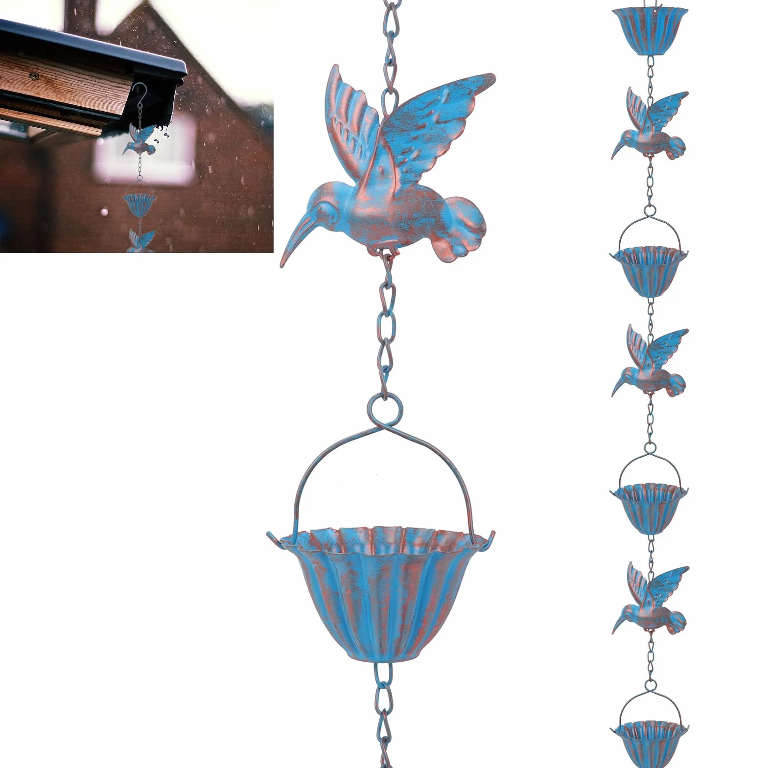 BigKing Catena per Acqua Piovana Colibrì per Grondaie, 2.4m Catena Antipioggia Sospesa per Il Drenaggio dell'Acqua, Catena per Grondaia, Deviatore per Acqua Piovana Esterna, Eaves Drainage