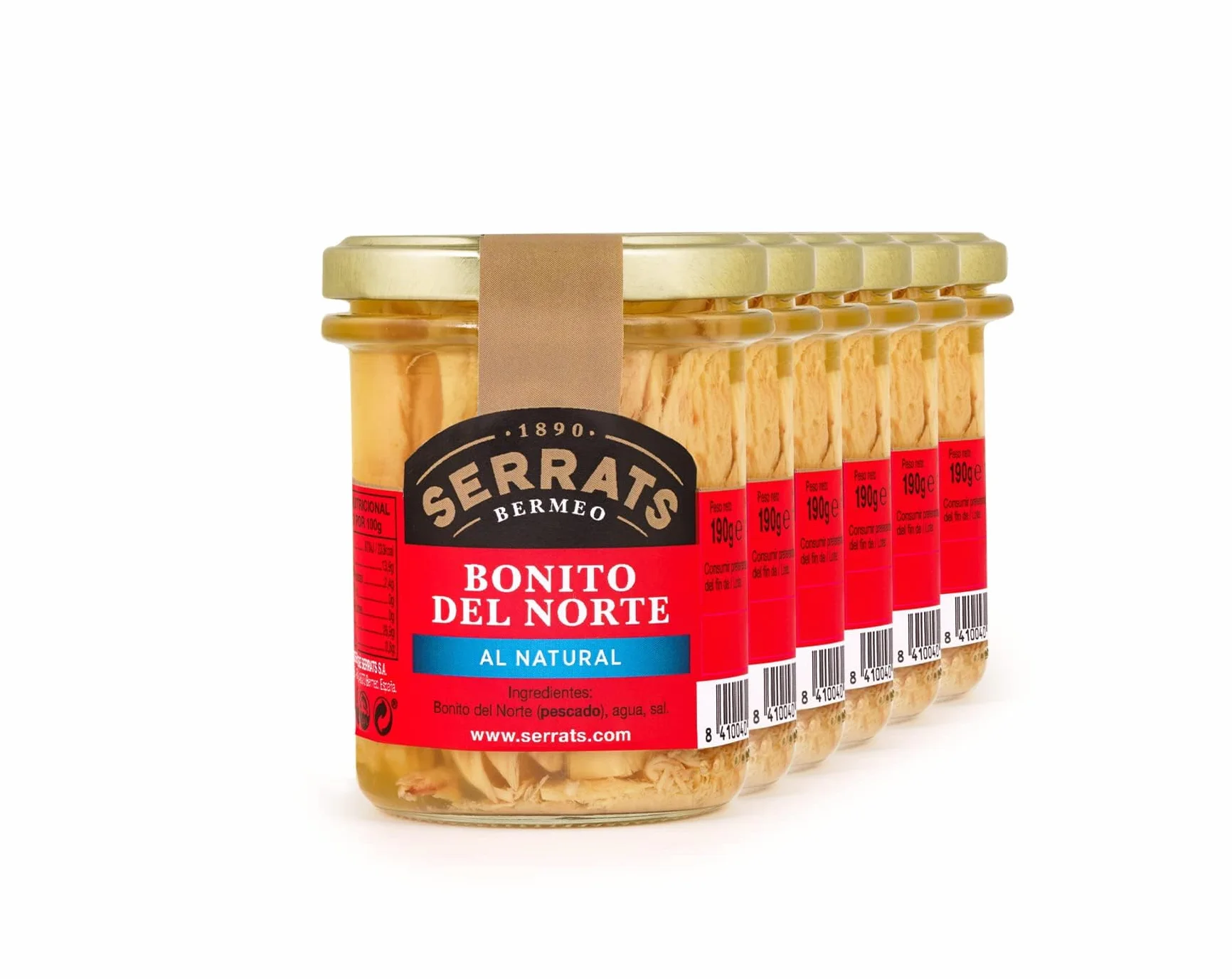 CONSERVAS SERRATS - Tonno Bianco del Cantabrico al Naturale Senza Olio - 6 Vasetti x 190g (Totale: 1140g) - Lavorazione Artigianale dal 1890 - Senza Glutine - Ricco di Omega 3