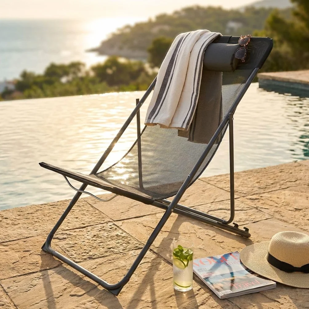 milani home - spiaggina mare pieghevole, metallo e textilene, alta pieghevole, nero