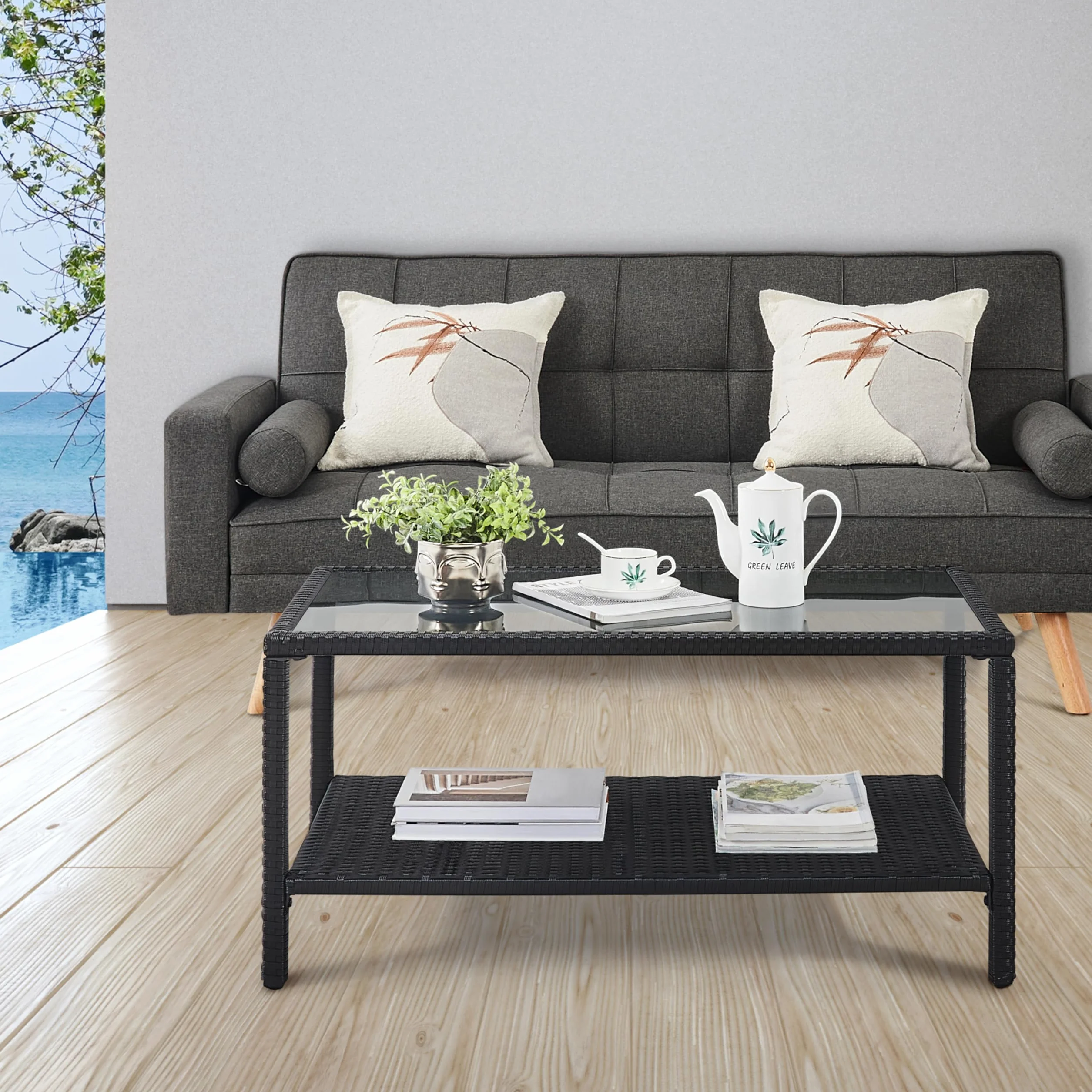 Yaheetech Tavolino da Giardino in Rattan PE Tavolo da caffè con Piano in Vetro Temperato da Patio Balcone Terrazza Arredamento Multifuzionale da Bicchieri Riviste Struttura Robusta in Metallo