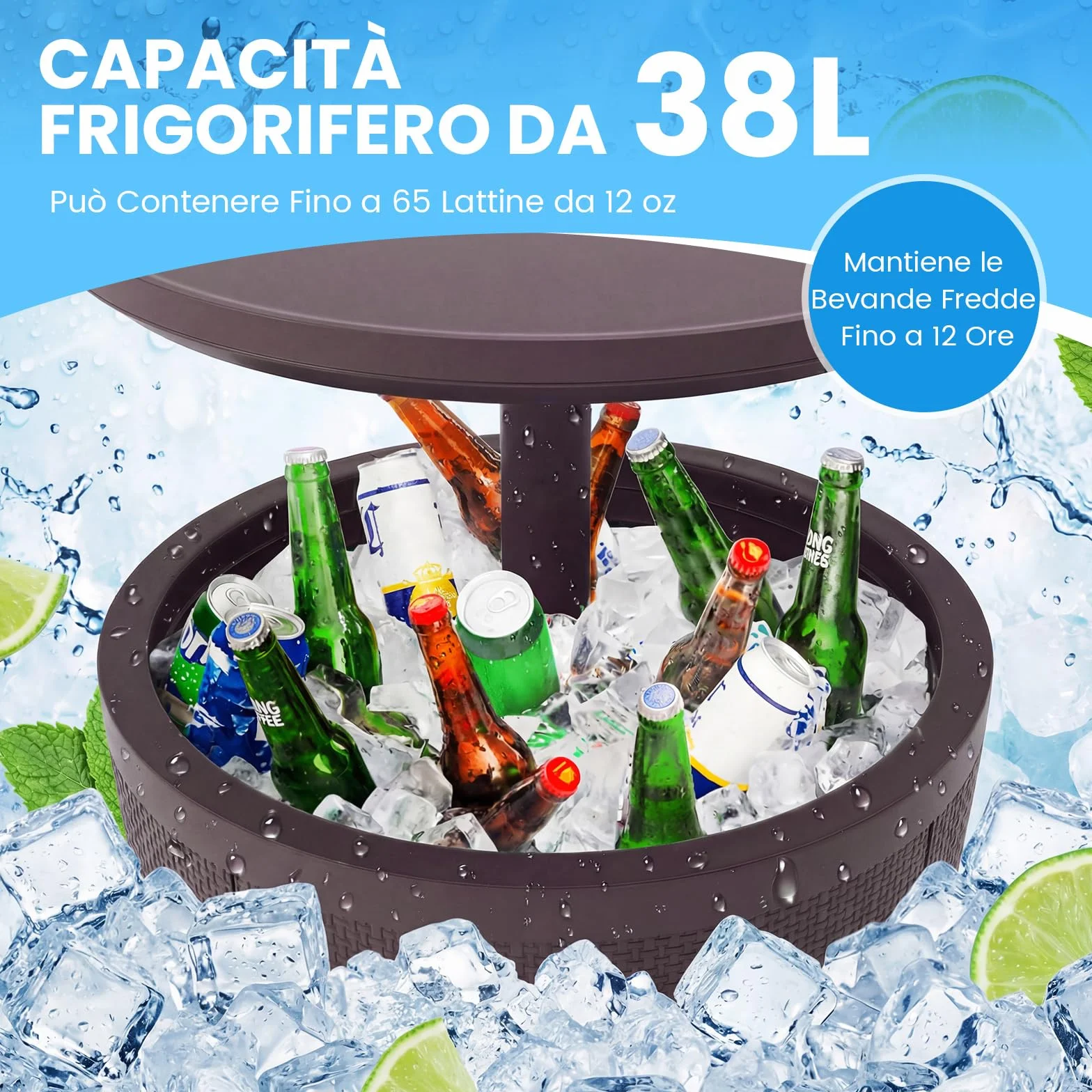 COSTWAY 2 in 1 Tavolino Frigo 38L da Esterno, Secchiello Ghiaccio Regolabile in Altezza 49 x 59-84H cm, Tavolo Bar con Tappo di Drenaggio, per Piscina, Cortile e Campeggio (Marrone)