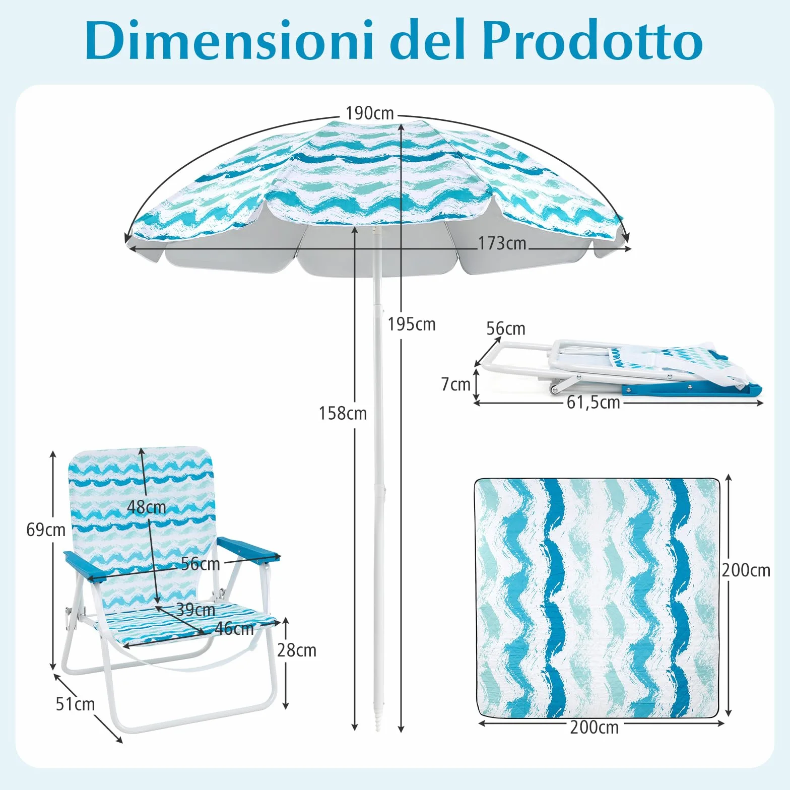 COSTWAY Set da Spiaggia di 4 Pezzi con Ombrellone, 2 Sedie Pieghevoli, Coperta da Picnic, Parasole Portatile per Esterni con Meccanismo di Inclinazione, Portabicchieri, Braccioli