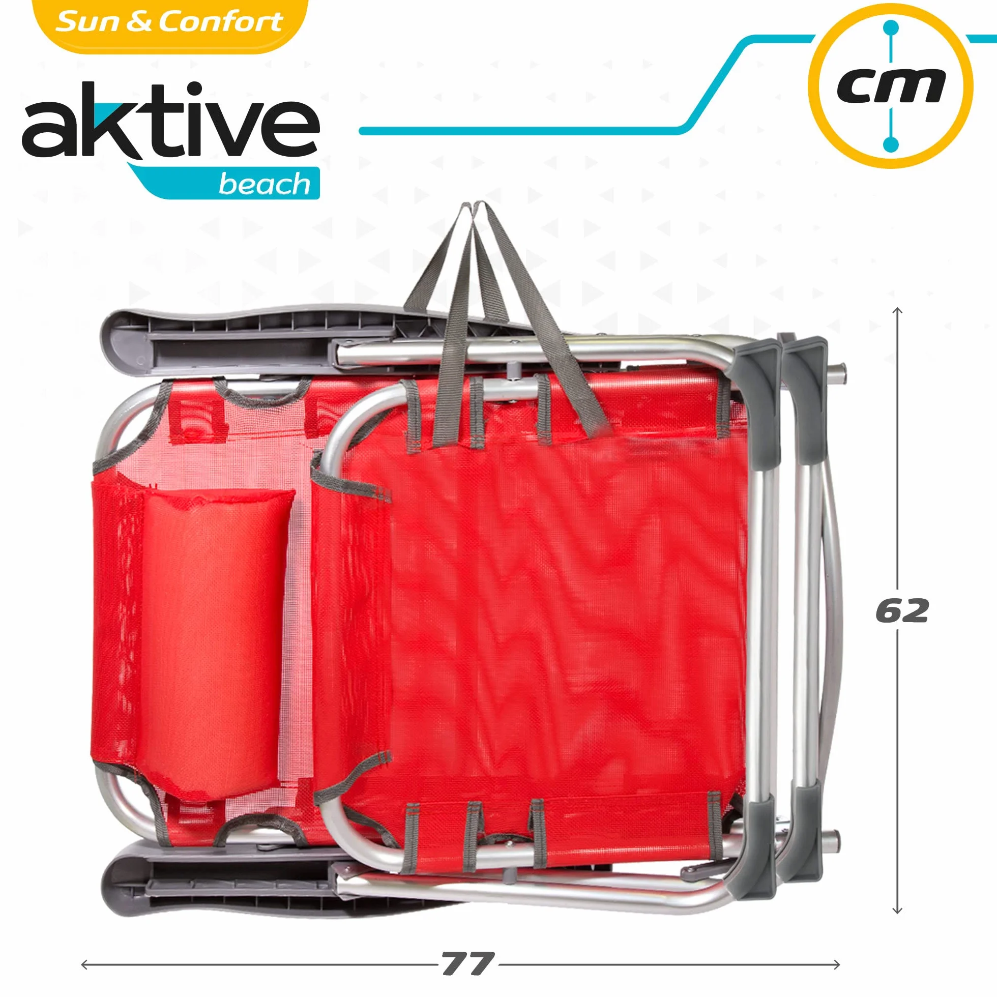 AKTIVE 62265 - Confezione da 2 sedie alte pieghevoli con cuscino per spiaggia, giardino, terrazza o campeggio | Misure 48x60x90cm | Braccioli resistenti ed ergonomici