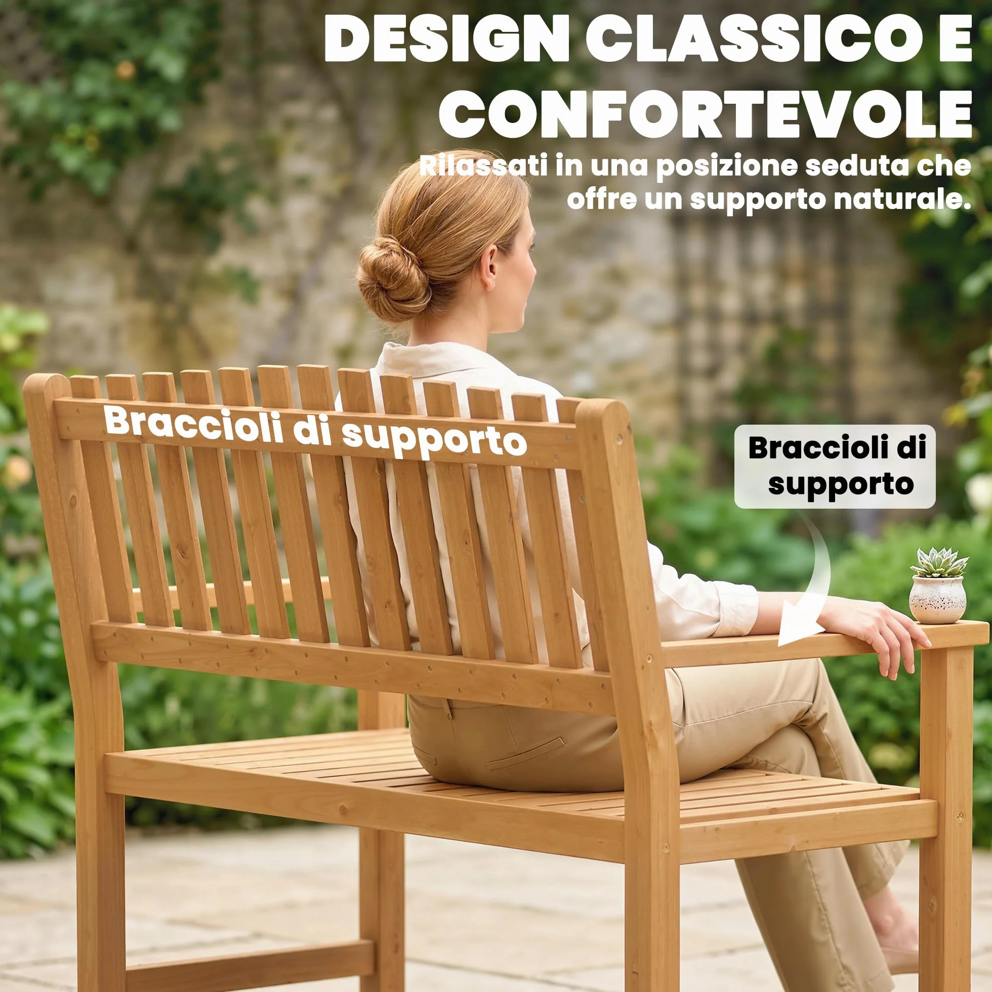 Outsunny Panchina da Esterno 2 Posti in Legno di Acacia FSC, Panchina da Giardino con Braccioli, Seduta e Schienale a Doghe, Max 320 kg, Panca da Esterno per Parco Terrazza, 112x64x92cm, Color Legno