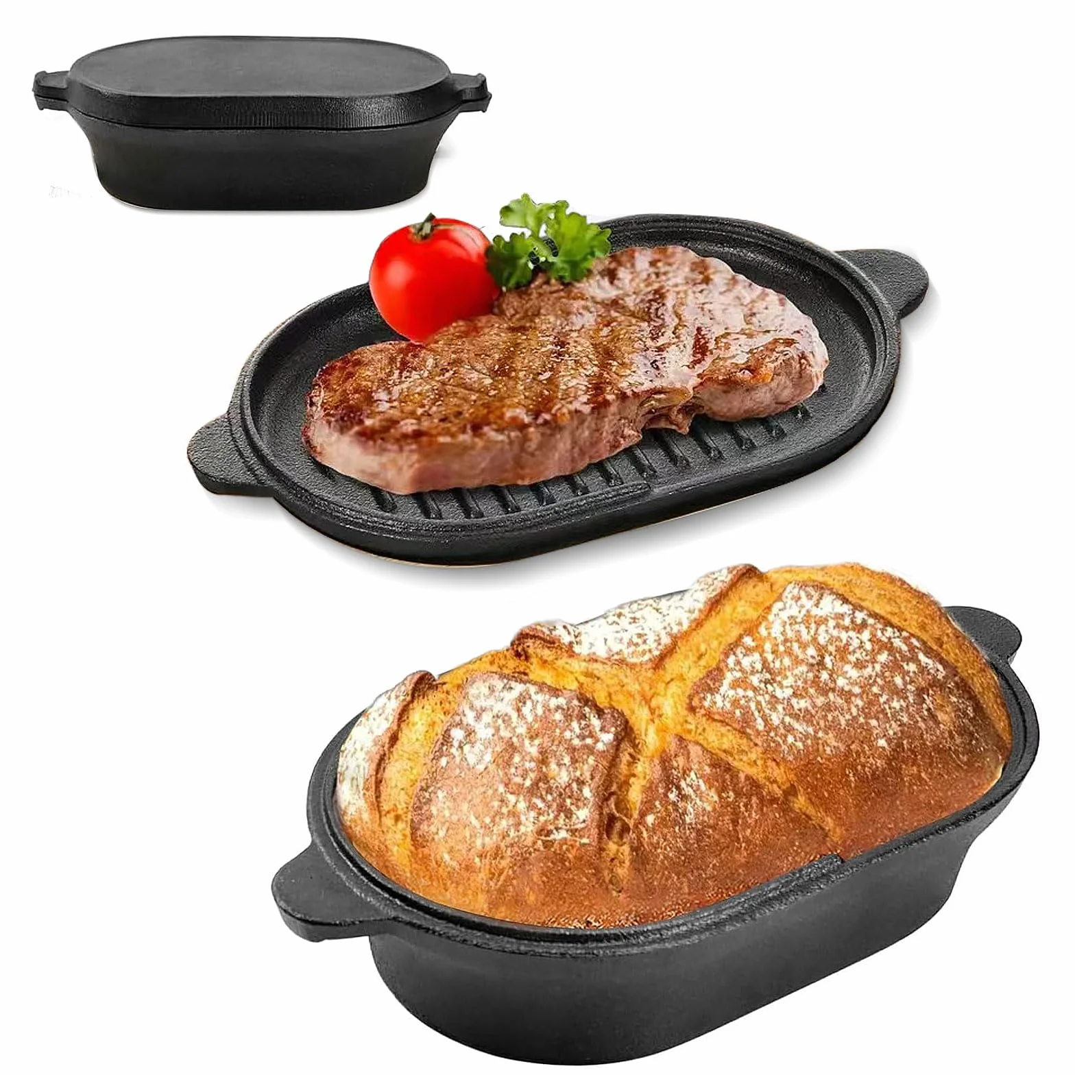Pentola 2 in 1 in ghisa olandese, ovale 28 cm, grande padella in ghisa per cuocere il pane, pane e forno in ghisa con coperchio per cuocere a vapore, grigliare, zuppe, tostare, forno