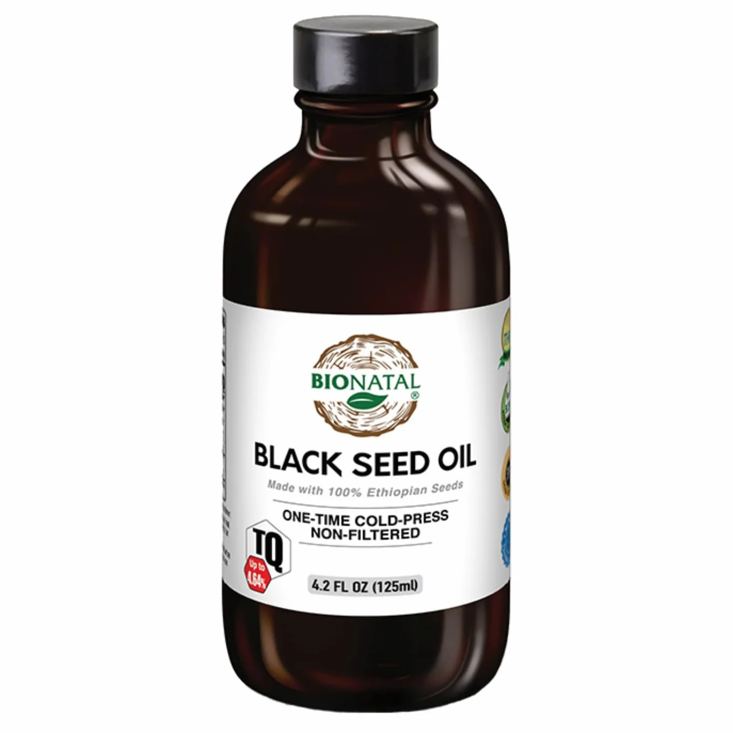 Bionatal Olio di semi neri etiopi 4 oz (vetro), fino al 4,34% di timochinone (TQ), semi di Nigella Sativa, olio di semi di cumino nero non filtrato, spremuto a freddo