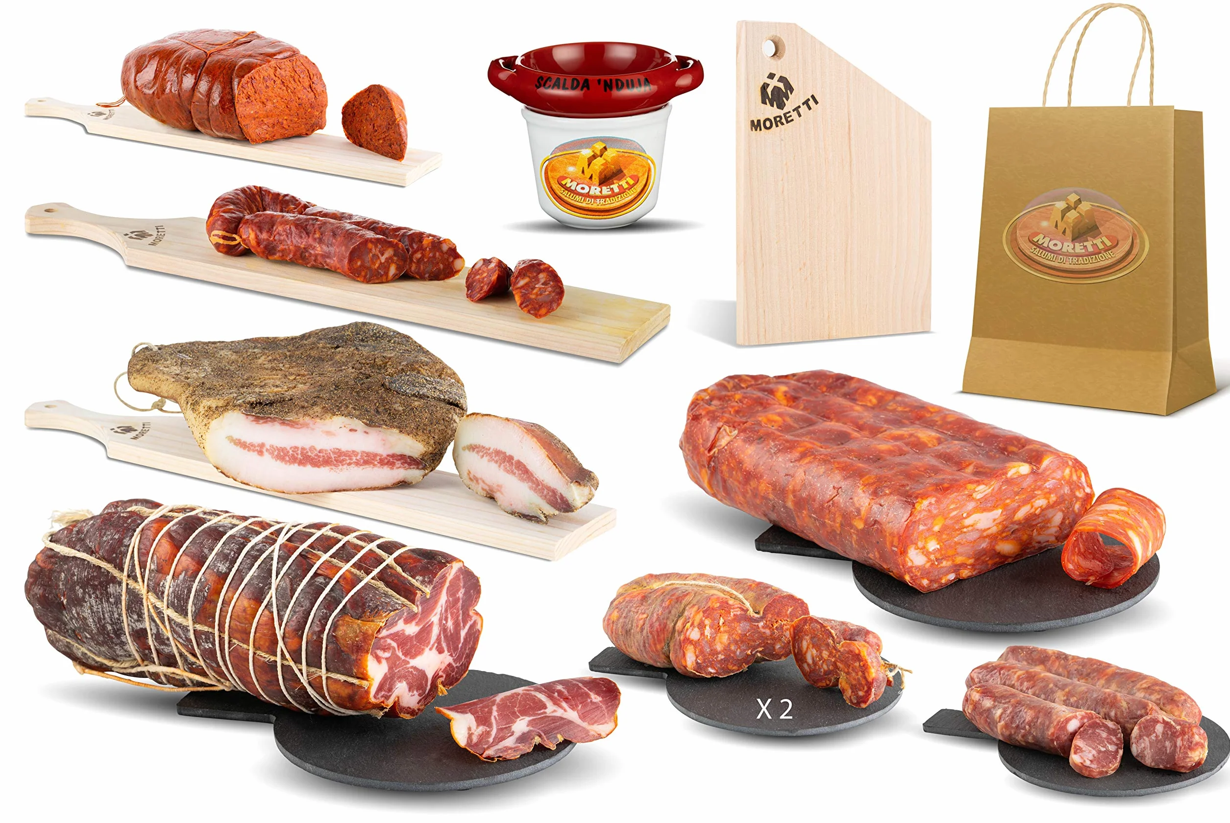 Moretti® | Pacco Salumi Dolce Artigianali | Degustazione Salumi | Idea regalo Natale o Pasqua | Prodotti Tipici Calabresi | Varie Combinazioni | Accessori In Omaggio (Kit Grande)