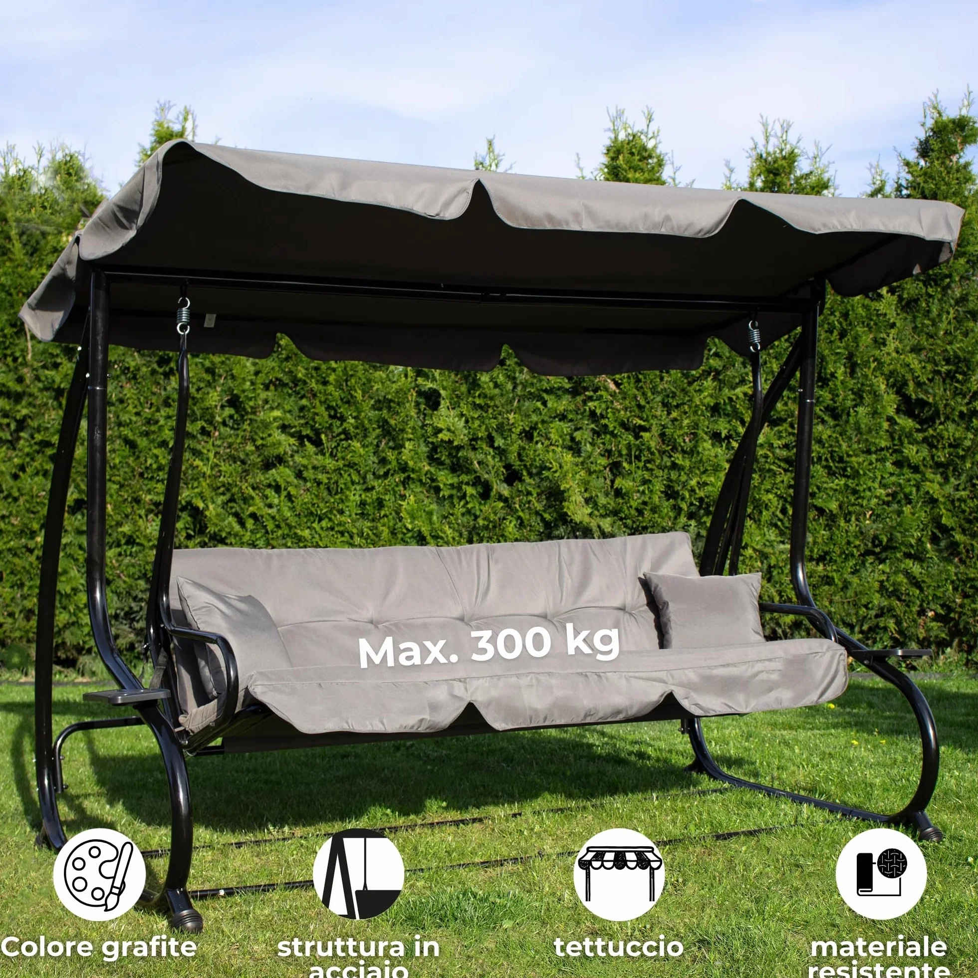SPRINGOS - Dondolo da giardino a 4 posti, 220 x 162 cm, con 2 cuscini, cuscino per dondolo, con portabicchieri e funzione reclinabile