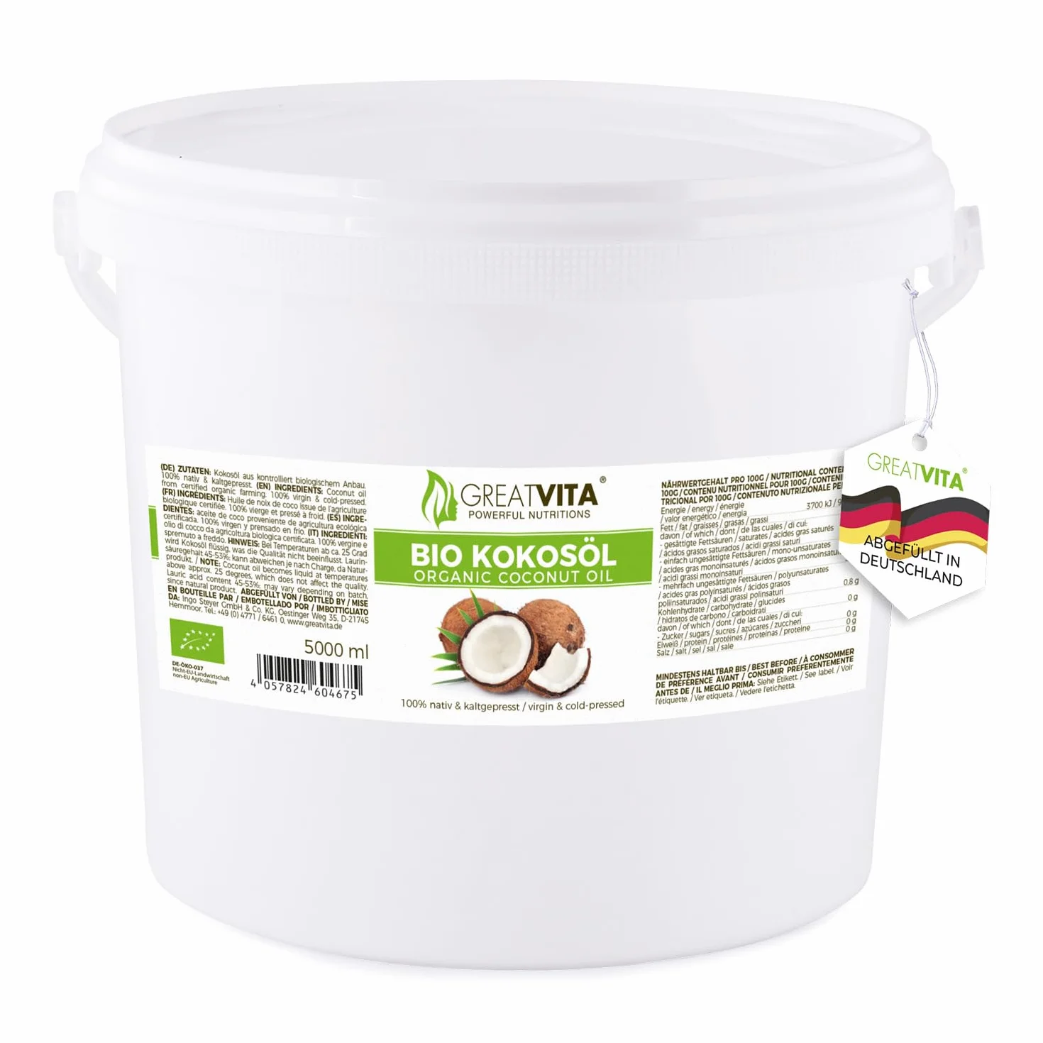Olio di cocco biologico MeaVita, nativo, confezione da 1 (1 x 5L) in un secchio