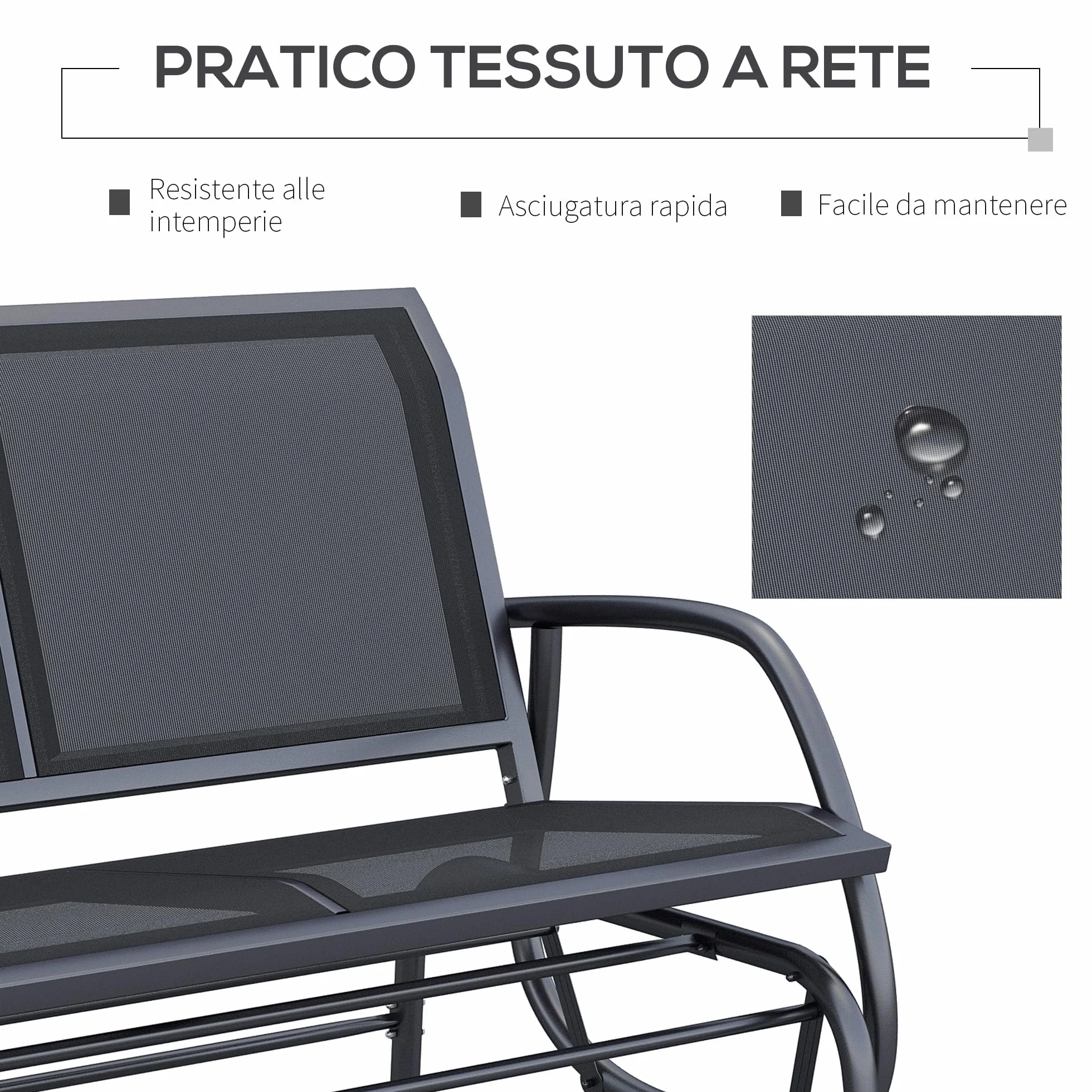 Outsunny Panchina a Dondolo da Giardino a 2 Posti in Metallo e Tessuto a Rete Traspirante, 120x70x85cm, Nero
