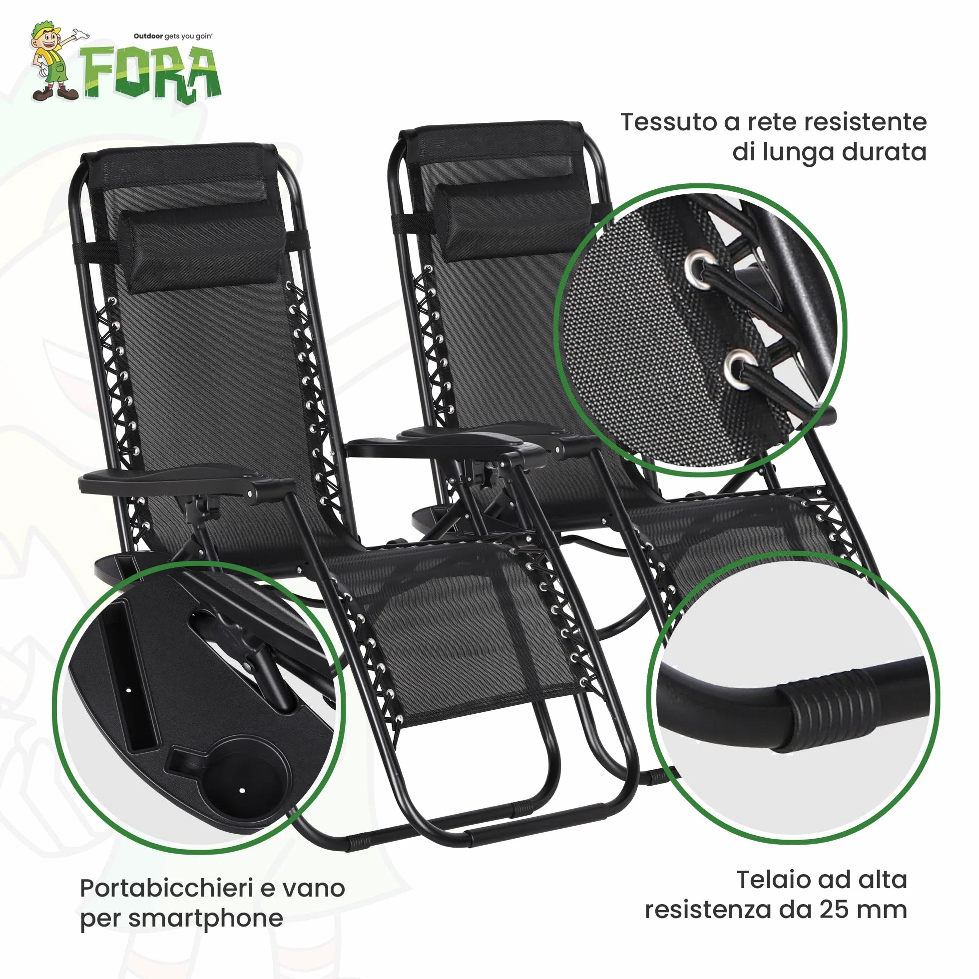 FORA Set 2 Sdraio da Giardino Pieghevoli – 176×67×110 Cm, Tubo 25mm e Tessuto Traspirante, Nero, Reclinabili Con Blocco di Sicurezza, Cuscino Incluso, Chiusura Rapida, 120 Kg