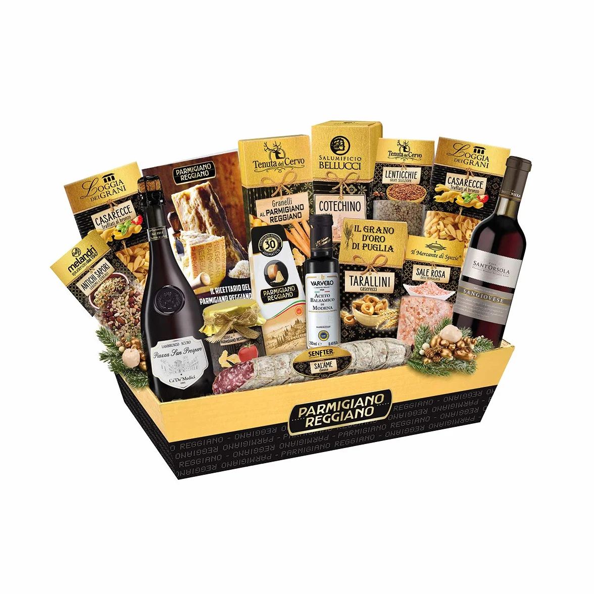 Cesto di Natale | Regalo Natalizio | Gran Emilia | Selezione Prodotti Emiliani Gourmet | 15 Pezzi | Ricettario Consorzio Parmigiano Reggiano | Sangiovese IGT | Sale Rosa Himalaya