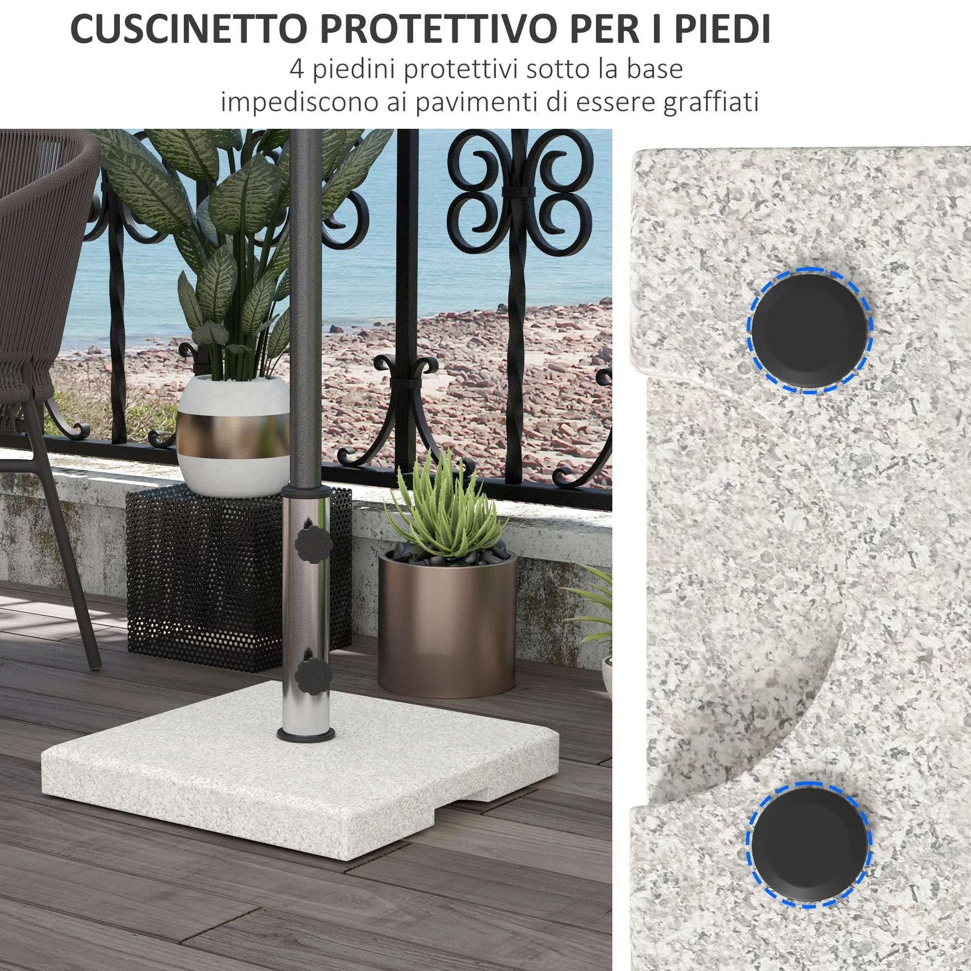 Outsunny Base per Ombrellone da Giardino 25kg per Pali da Ø32mm, Ø38mm e Ø48mm, Base Ombrellone in Granito e Acciaio Inox con Manopole Laterali e Maniglie, 38x38x38 cm, Grigia