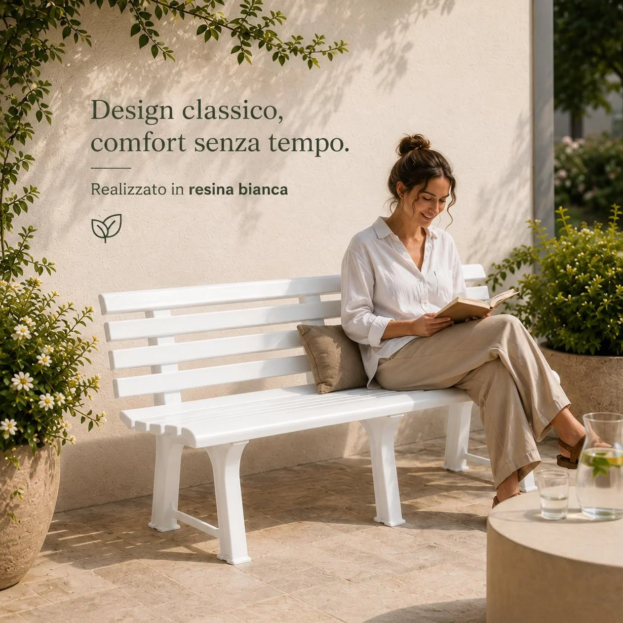 Panchina da Giardino in Resina 145X49X74h CM - da Esterno, Resistente, 3 posti, Balcone, Terrazzo, Locali, Schienale, con Poggioli, Facile da Pulire - Colore Bianco