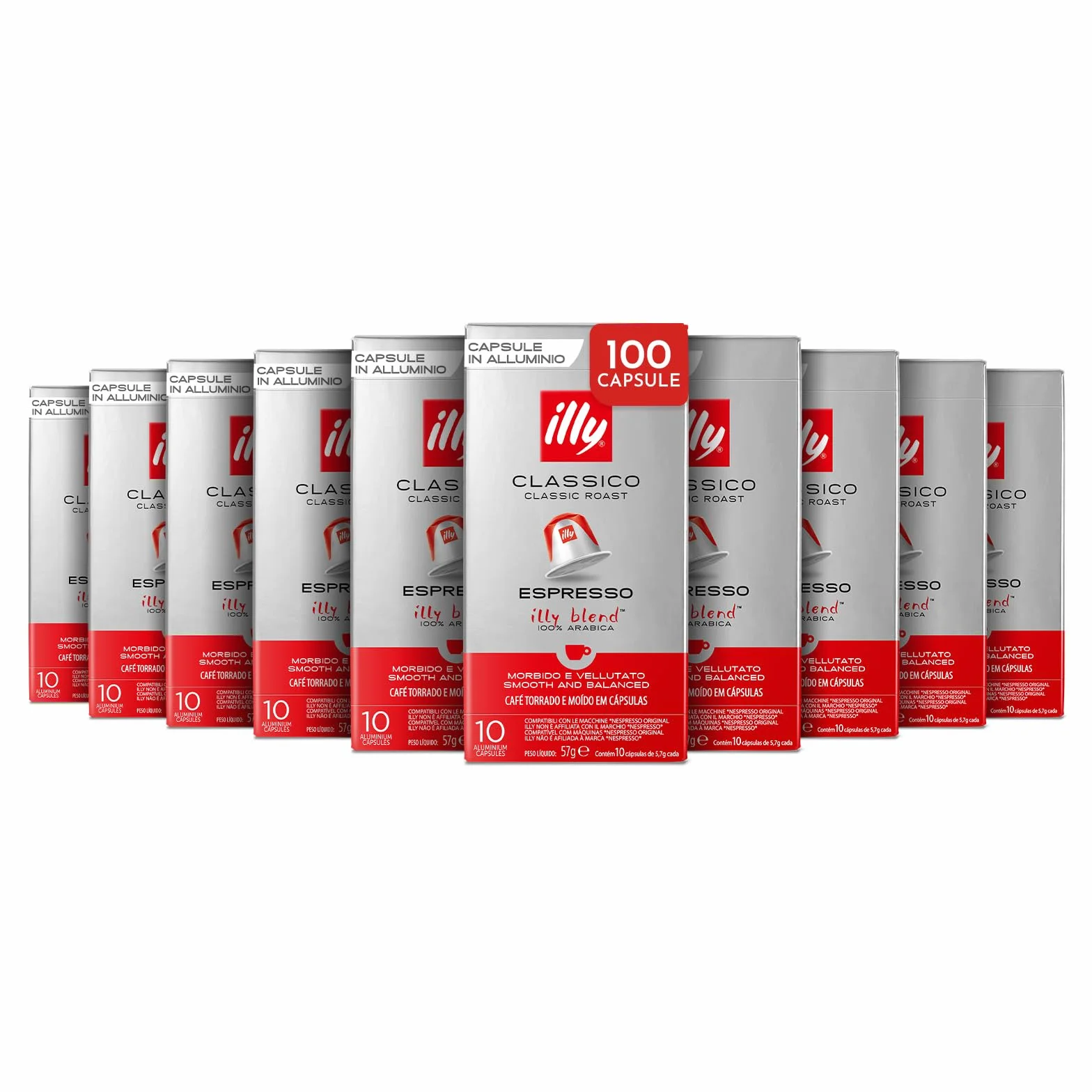 illy, Caffè in Capsule Compatibili in Alluminio CLASSICO, 100% Arabica con Note di Fiori d'Arancio e Gelsomino, Gusto Morbido e Retrogusto Dolce, 10 Confezioni da 10 (100 Capsule Totali)