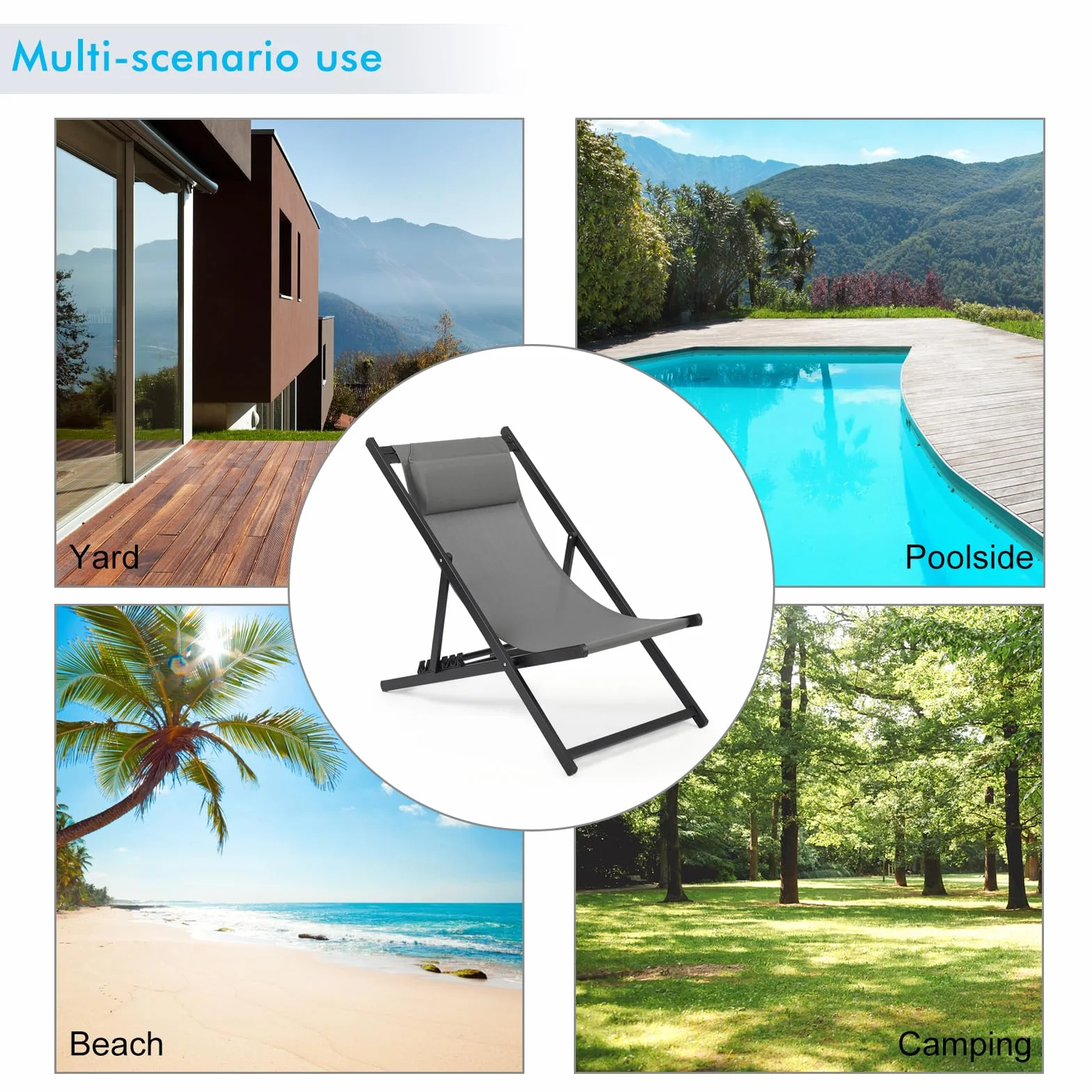 Mondeer Pieghevole Deck Sedia 2-Pezzo Set con Regolabile Poggiatesta e Schienale, Grigio