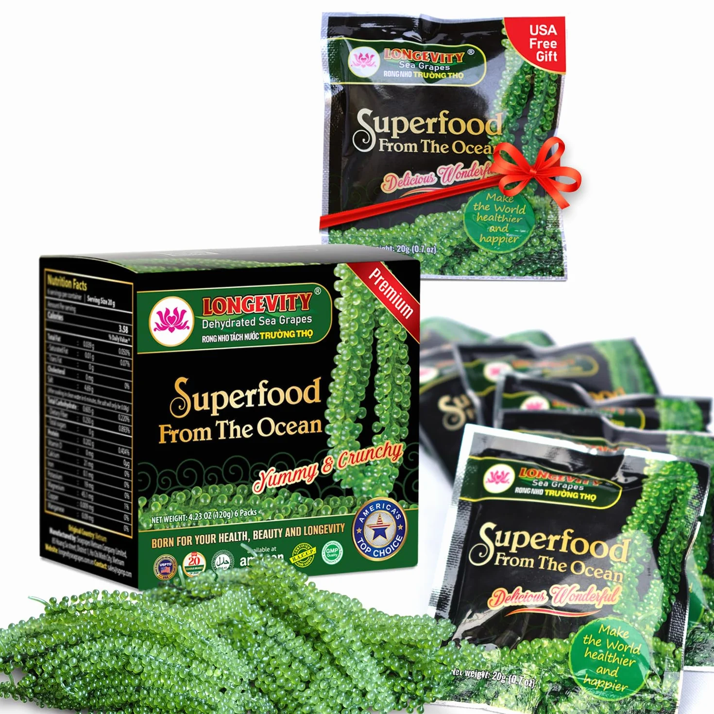 Longevity Dehydrated Sea Grapes, 4.23 oz of 6 packs, - Umibudo Green Caviar, Lato Seaweed, Precious Gift From The Sea | Enhance Health, Boosting Immune System.