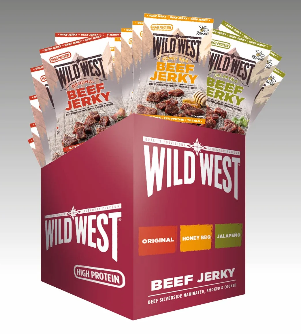 Wild West Beef Jerky mix box 60g, Confezione da 12, 4x Original, 4x Honey BBQ, 4x Jalapeno, carne secca proteica, snack proteico Beef Jerky, BBQ, carne essiccata di manzo