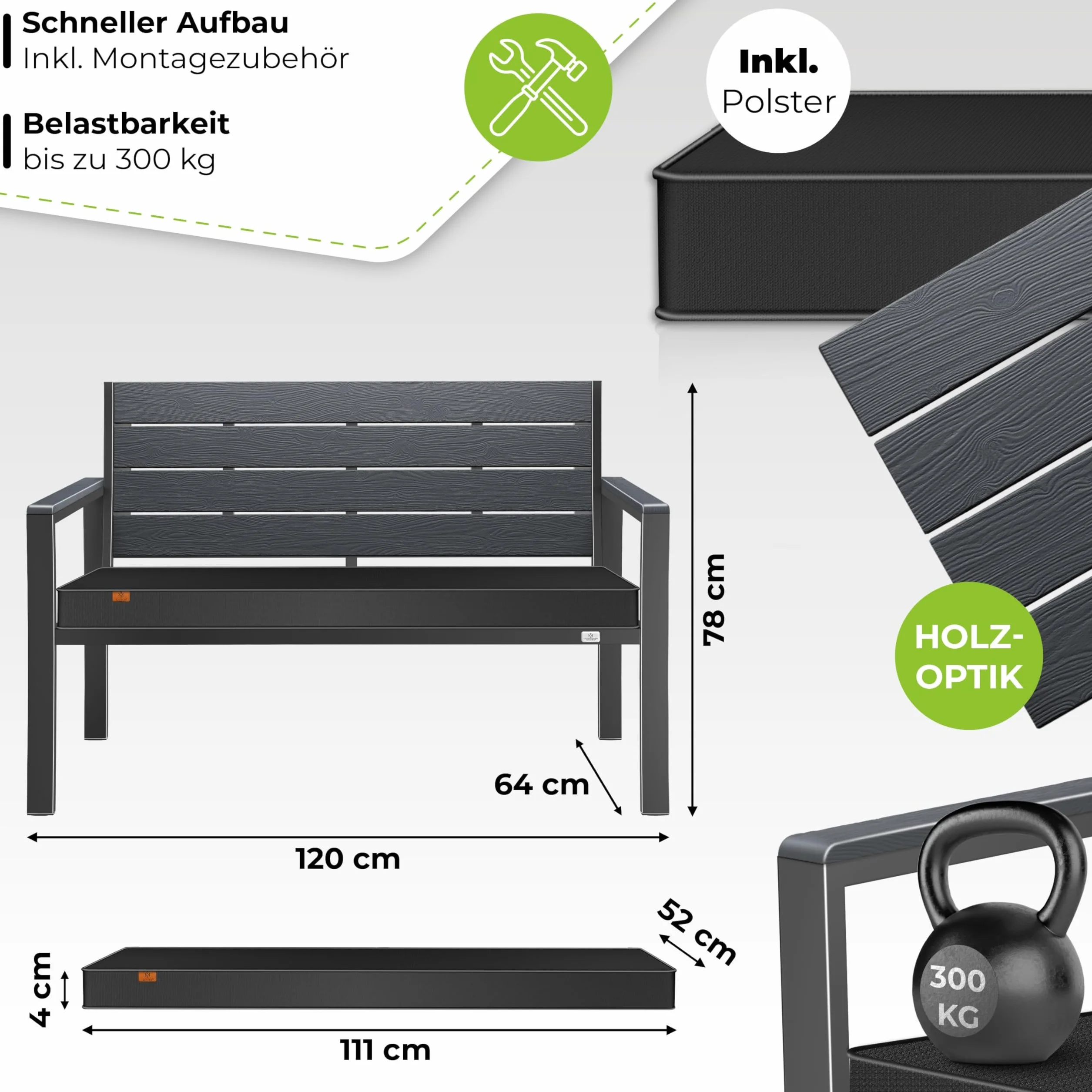 KESSER® Panca da giardino con cuscino, resistente alle intemperie, 2 posti, effetto legno, per balcone, terrazza, balcone, portata fino a 300 kg, resistente ai raggi UV, con rivestimento imbottito